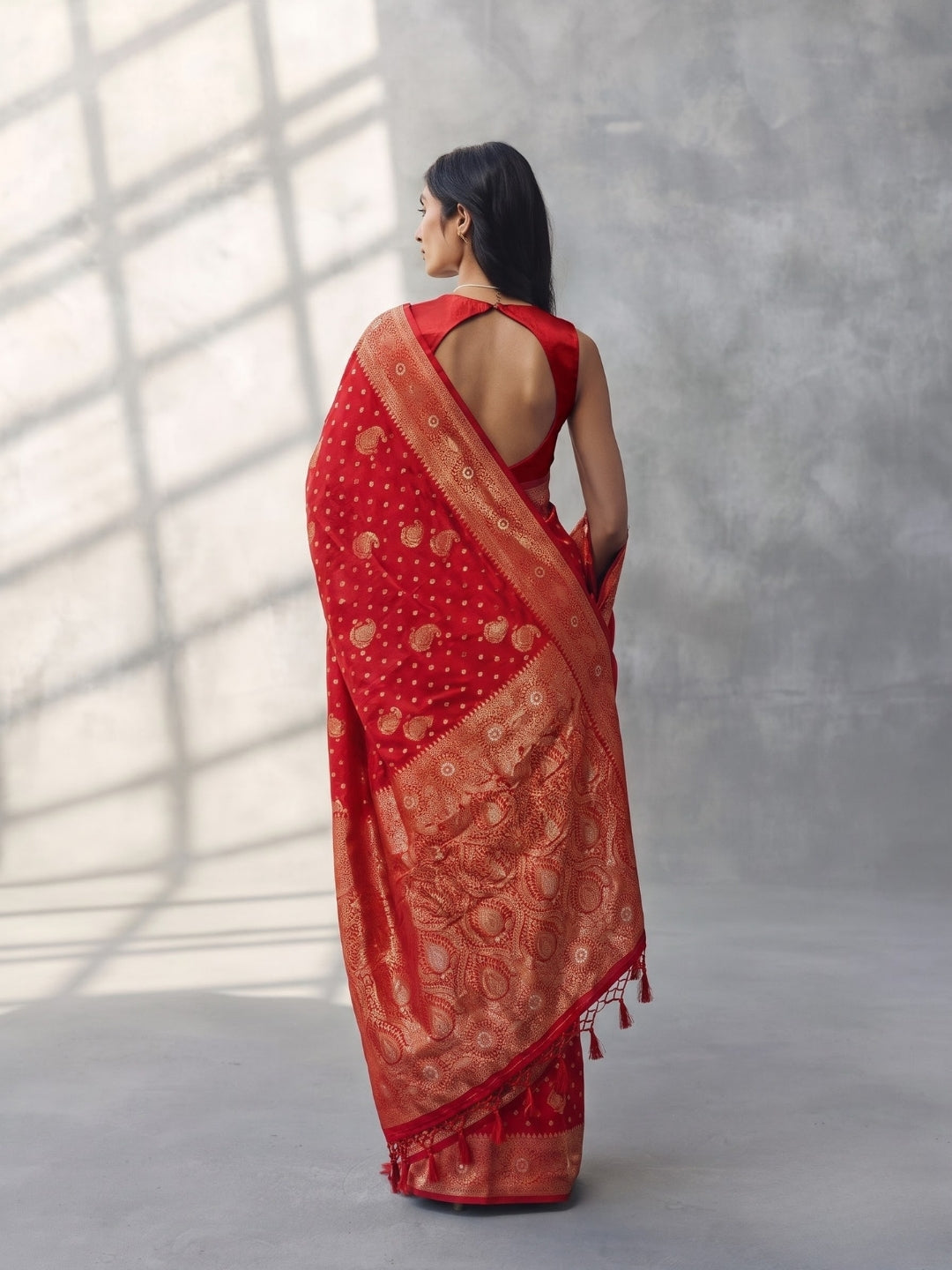 Red Dola Silk Saree with Gold Zari Weaving