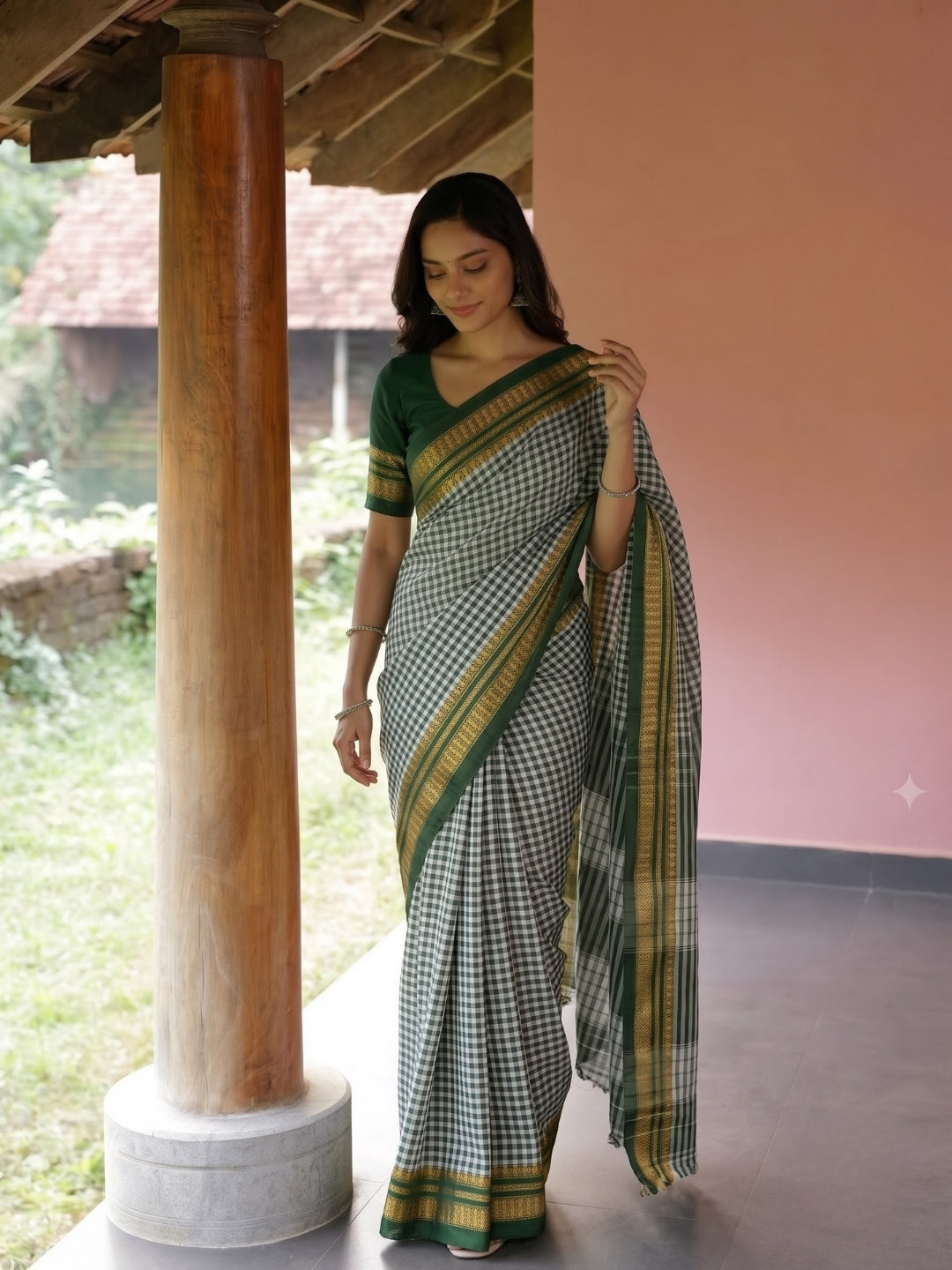 Green Tom Tom Check Ilkal Saree with Zari Border