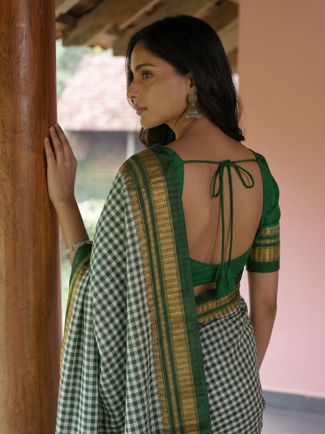 Green Tom Tom Check Ilkal Saree with Zari Border