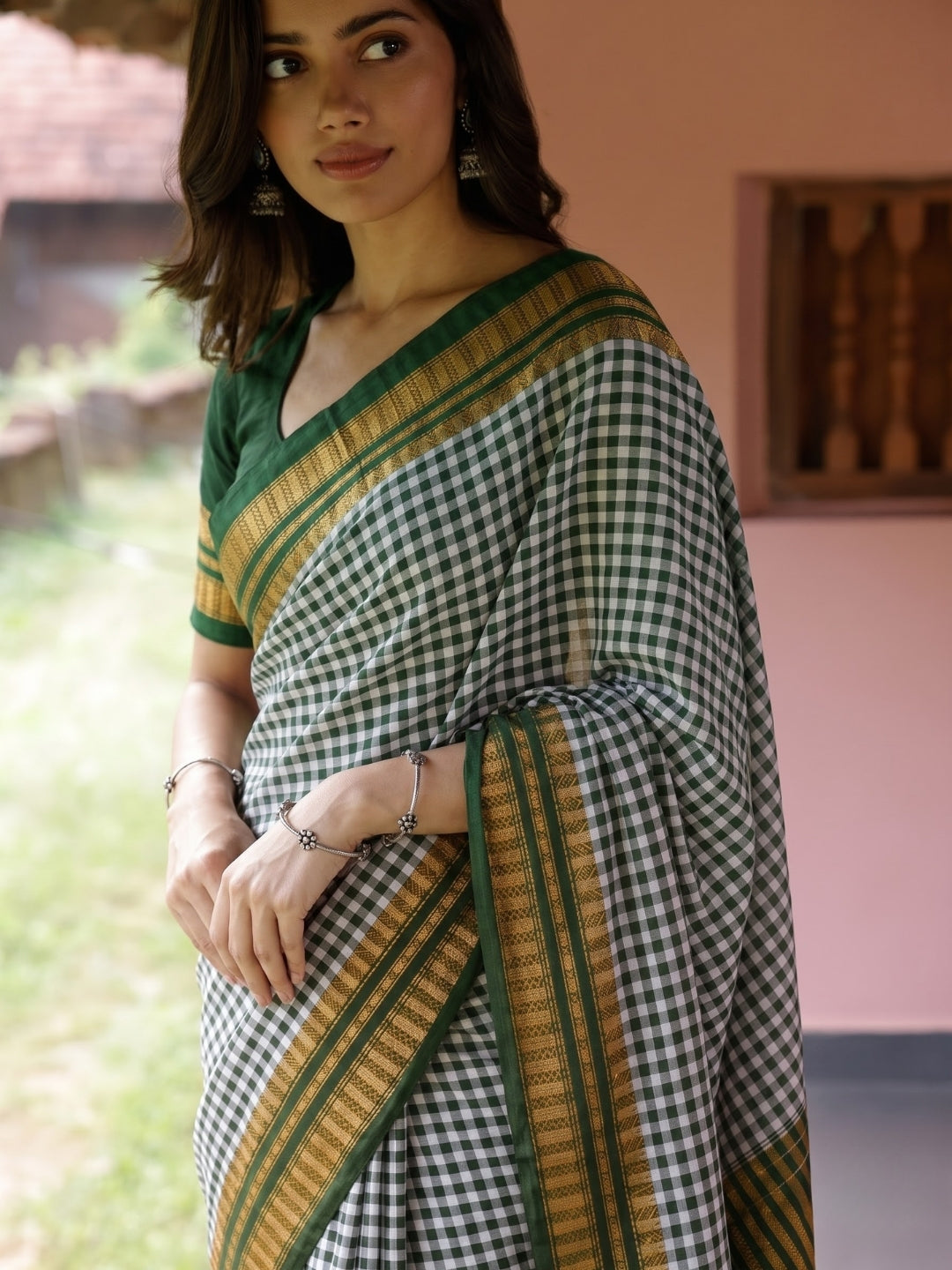 Green Tom Tom Check Ilkal Saree with Zari Border