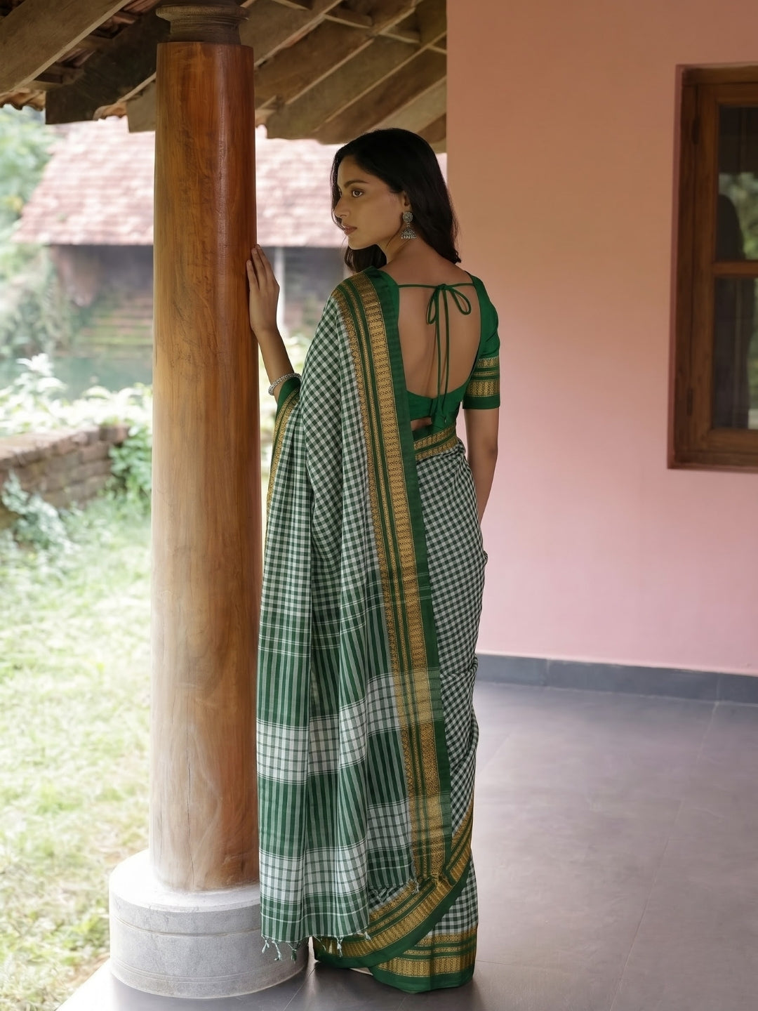 Green Tom Tom Check Ilkal Saree with Zari Border