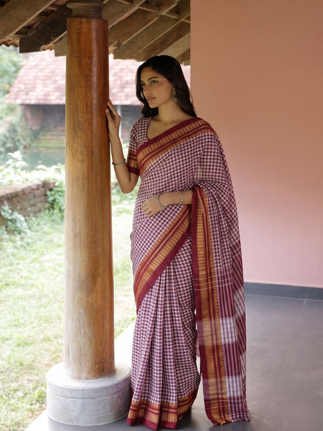 Maroon Tom Tom Check Ilkal Saree with Zari Border
