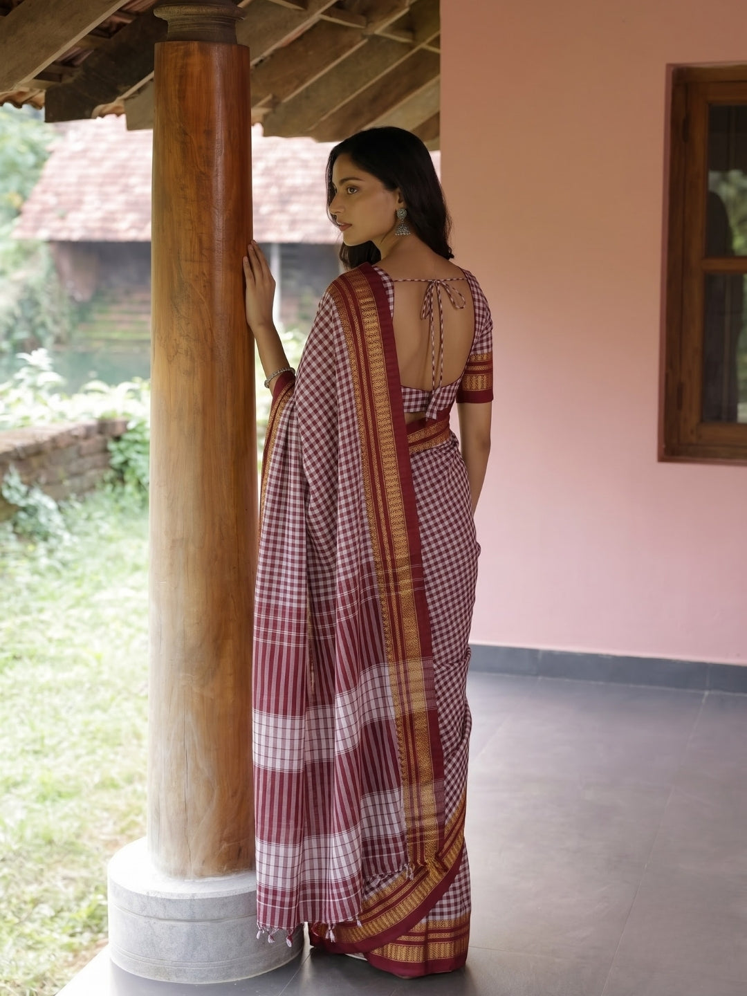 Maroon Tom Tom Check Ilkal Saree with Zari Border