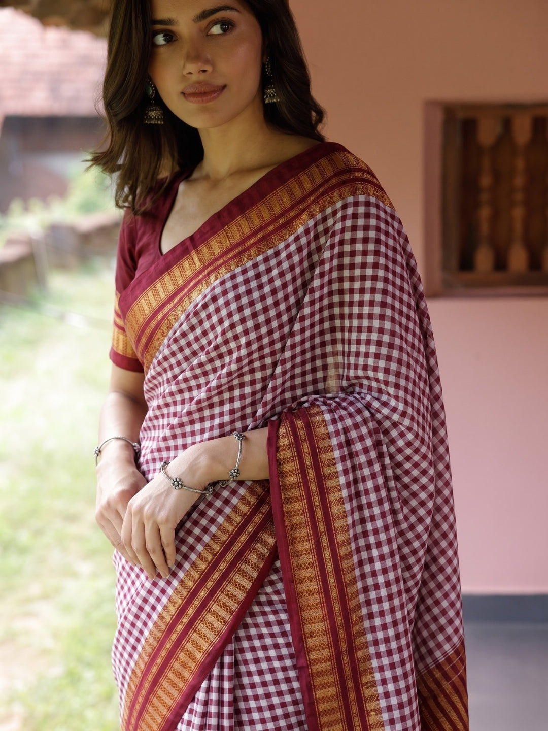 Maroon Tom Tom Check Ilkal Saree with Zari Border