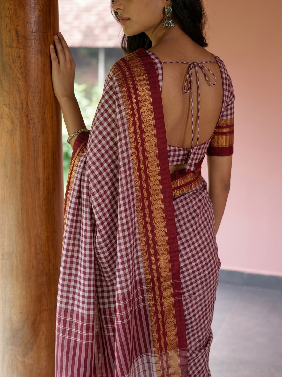 Maroon Tom Tom Check Ilkal Saree with Zari Border