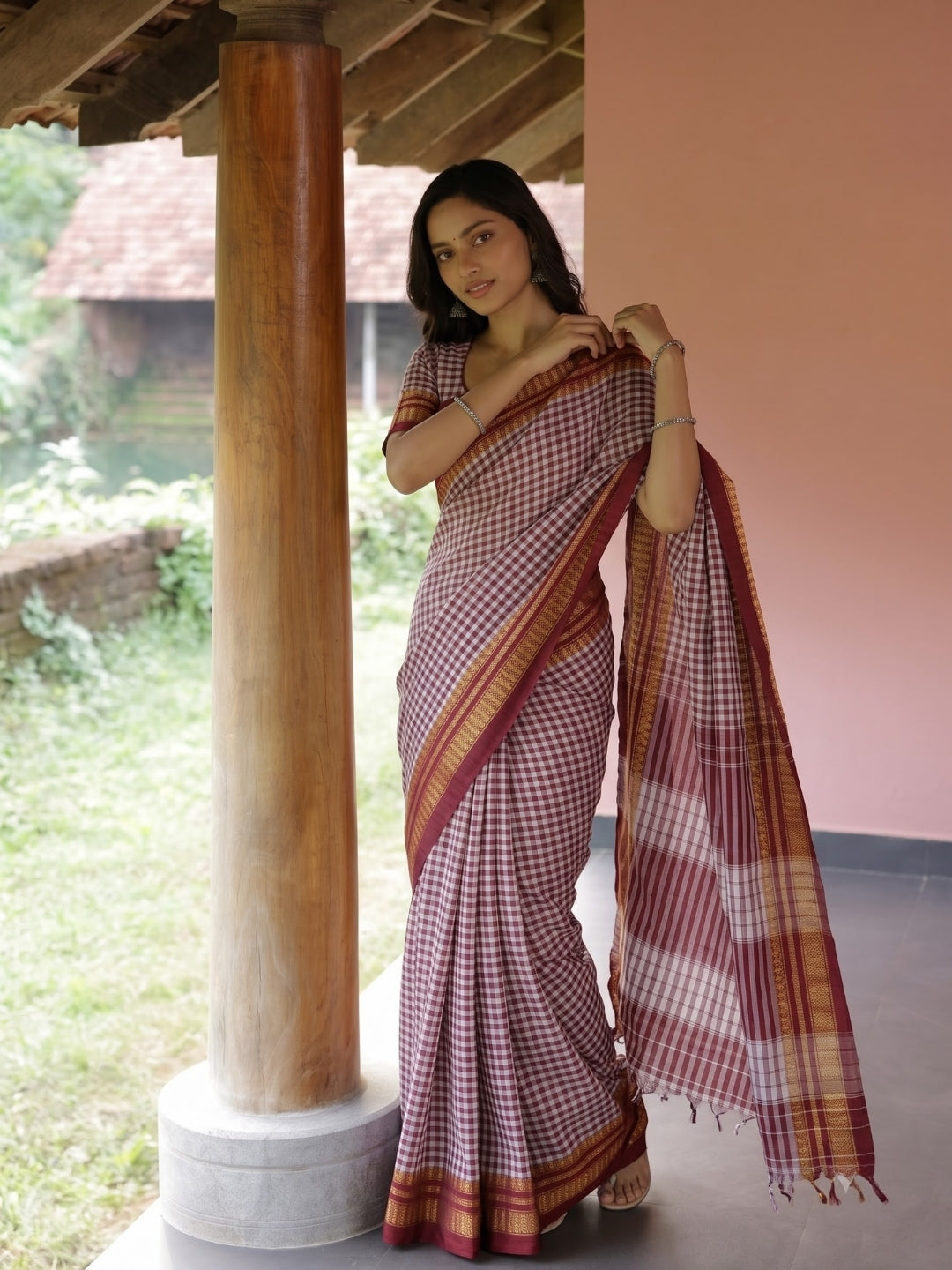 Maroon Tom Tom Check Ilkal Saree with Zari Border