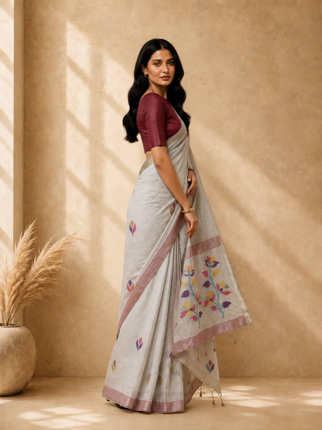 Beige & Red Cotton Blend Ethnic Woven Design Saree with Gold Zari Border