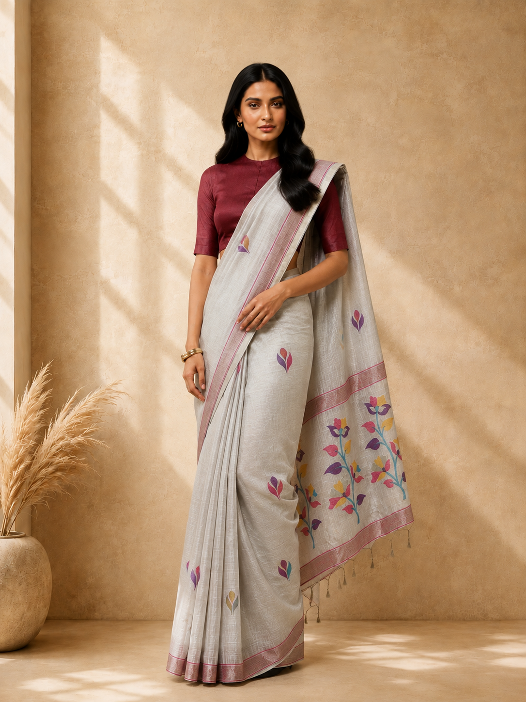 Beige & Red Cotton Blend Ethnic Woven Design Saree with Gold Zari Border