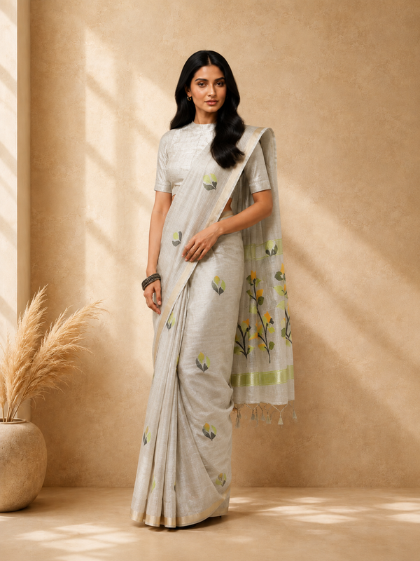 Beige & Green Cotton Blend Ethnic Woven Design Saree with Gold Zari Border