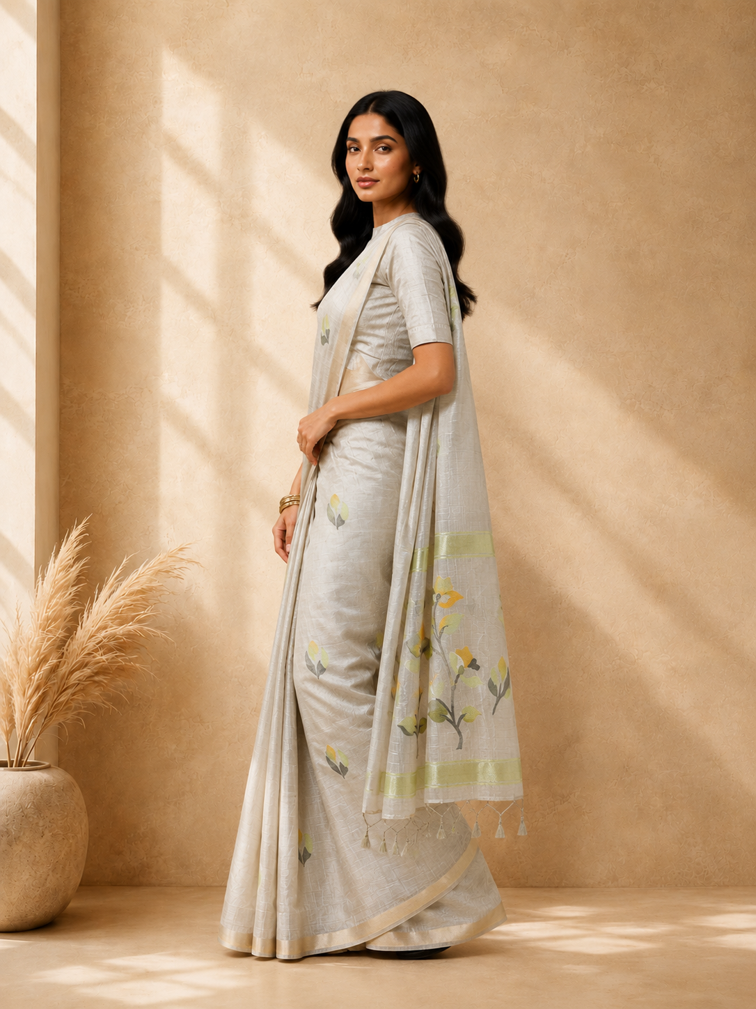 Beige & Green Cotton Blend Ethnic Woven Design Saree with Gold Zari Border