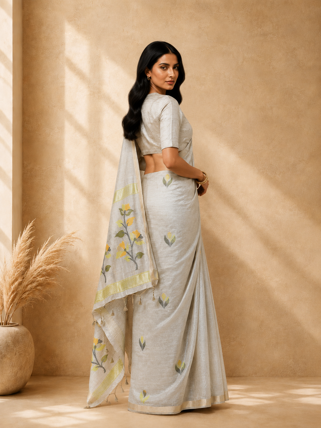 Beige & Green Cotton Blend Ethnic Woven Design Saree with Gold Zari Border