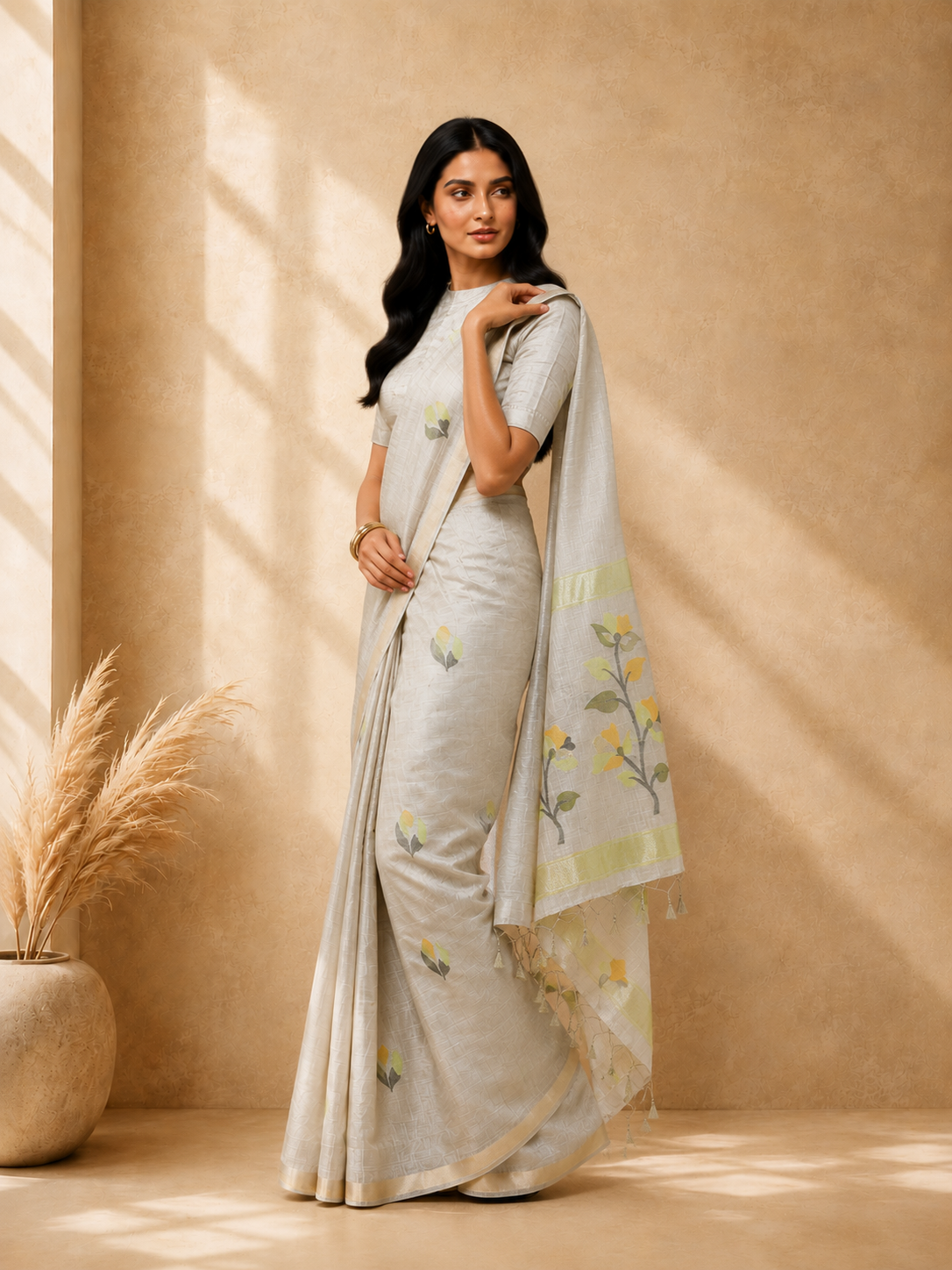 Beige & Green Cotton Blend Ethnic Woven Design Saree with Gold Zari Border