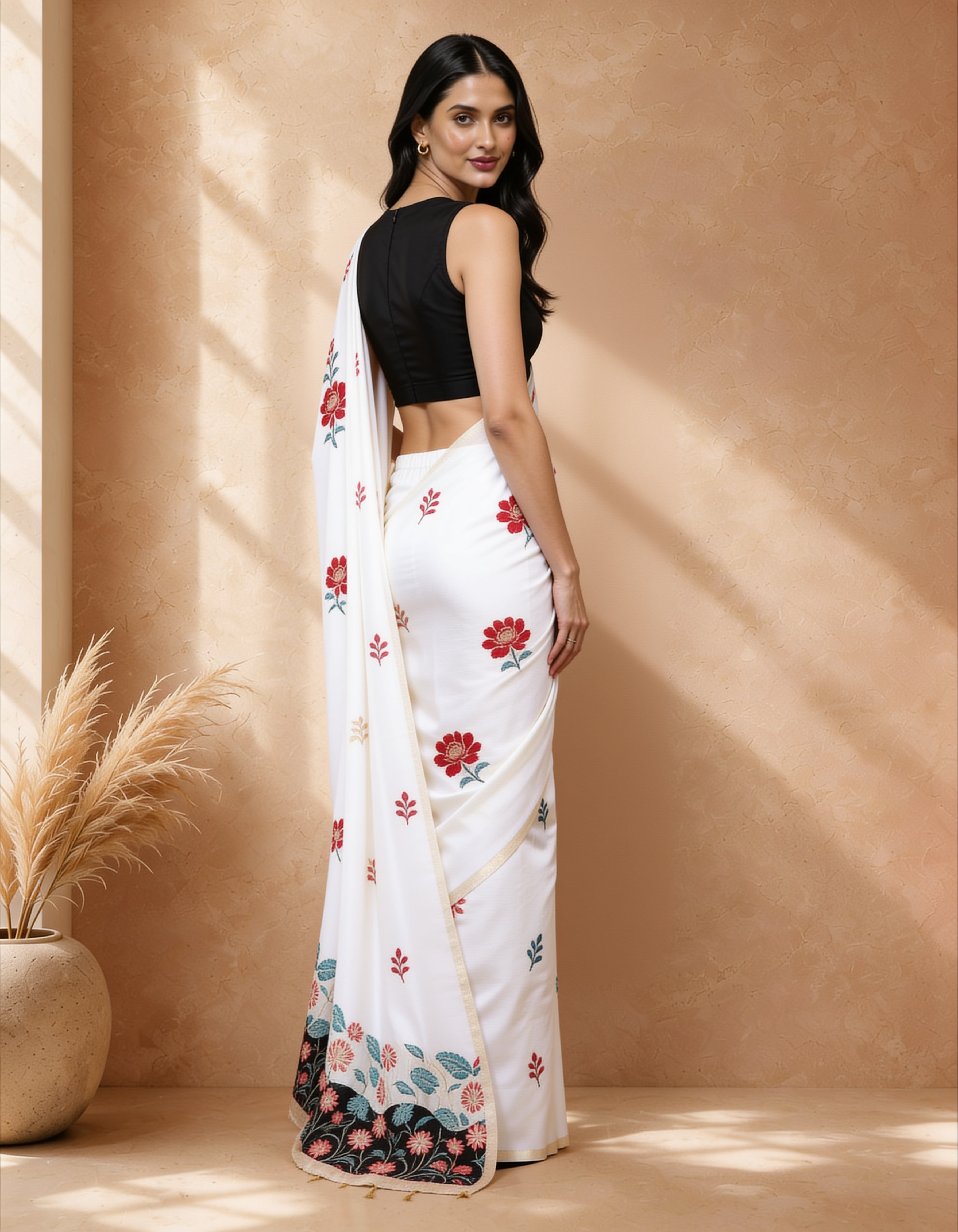 Cream Colored Cotton Blend Woven Deisgn Saree with Embroidered