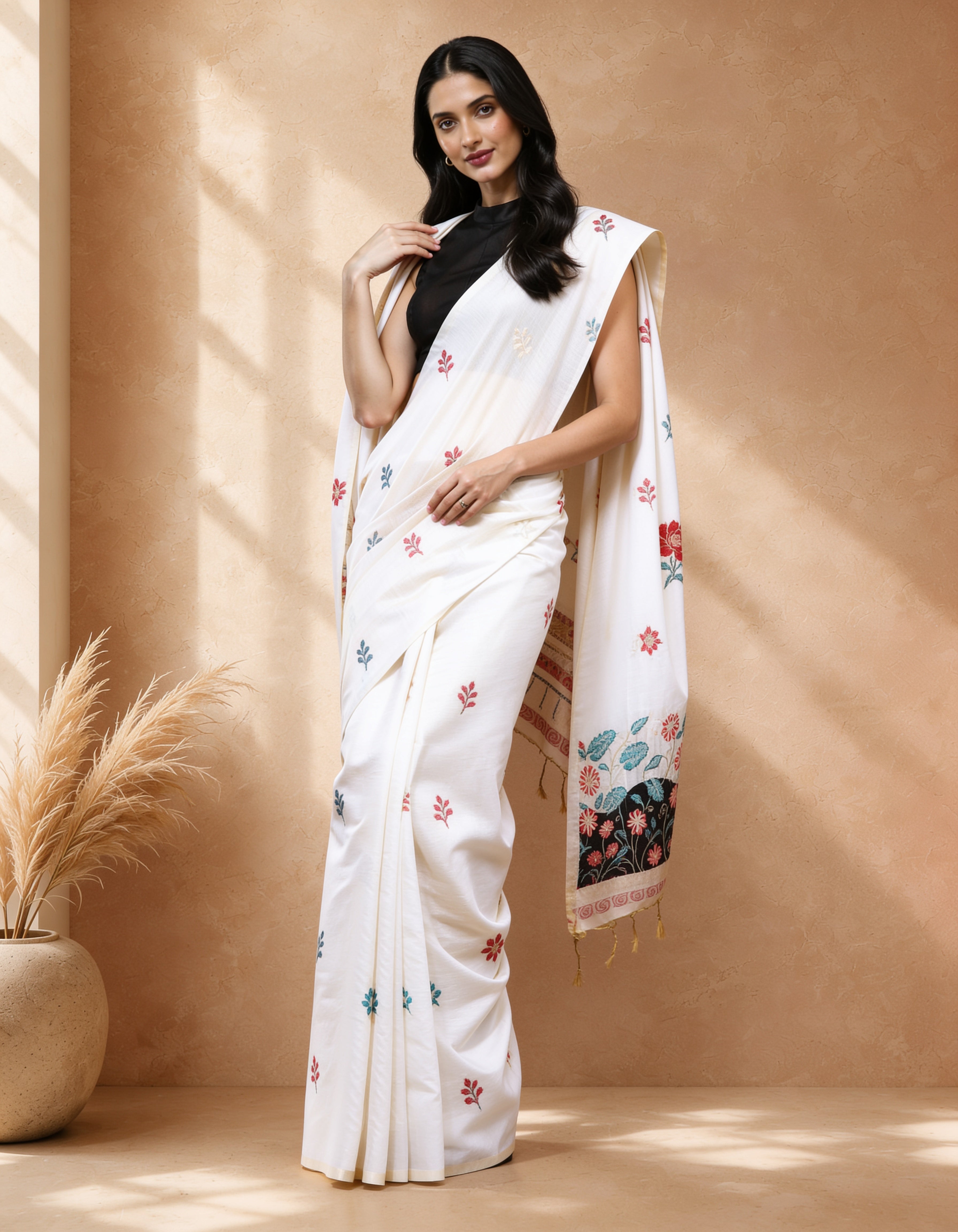 Cream Colored Cotton Blend Woven Deisgn Saree with Embroidered