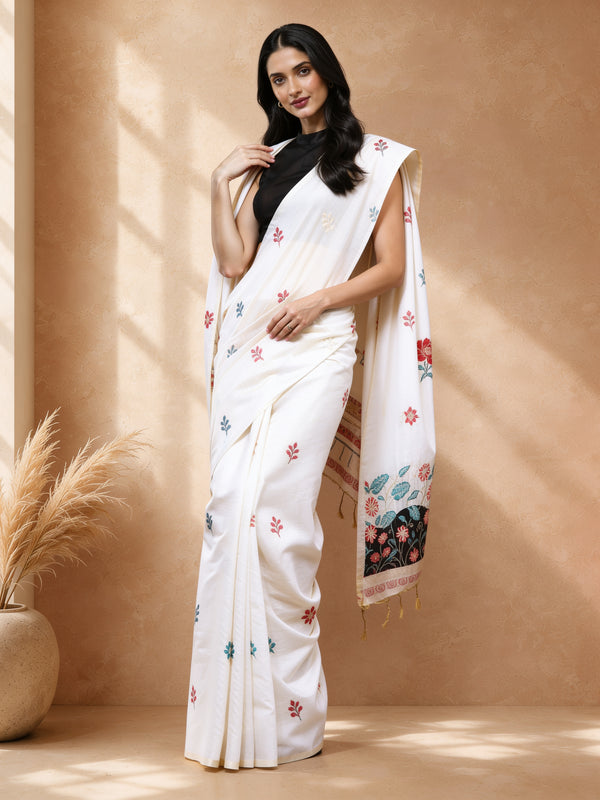 Cream Colored Cotton Blend Woven Deisgn Saree with Embroidered