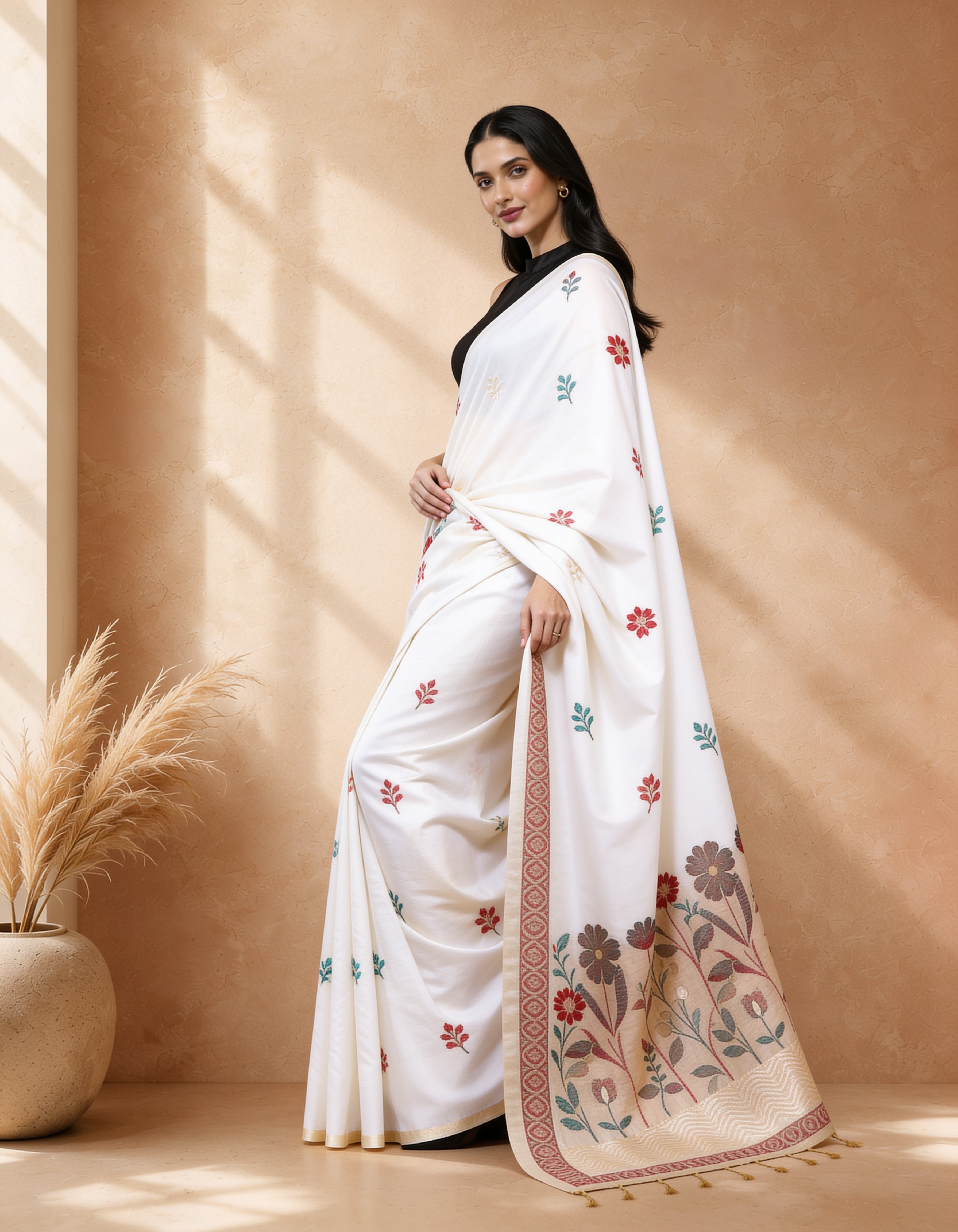 Cream Colored Cotton Blend Woven Deisgn Saree with Embroidered
