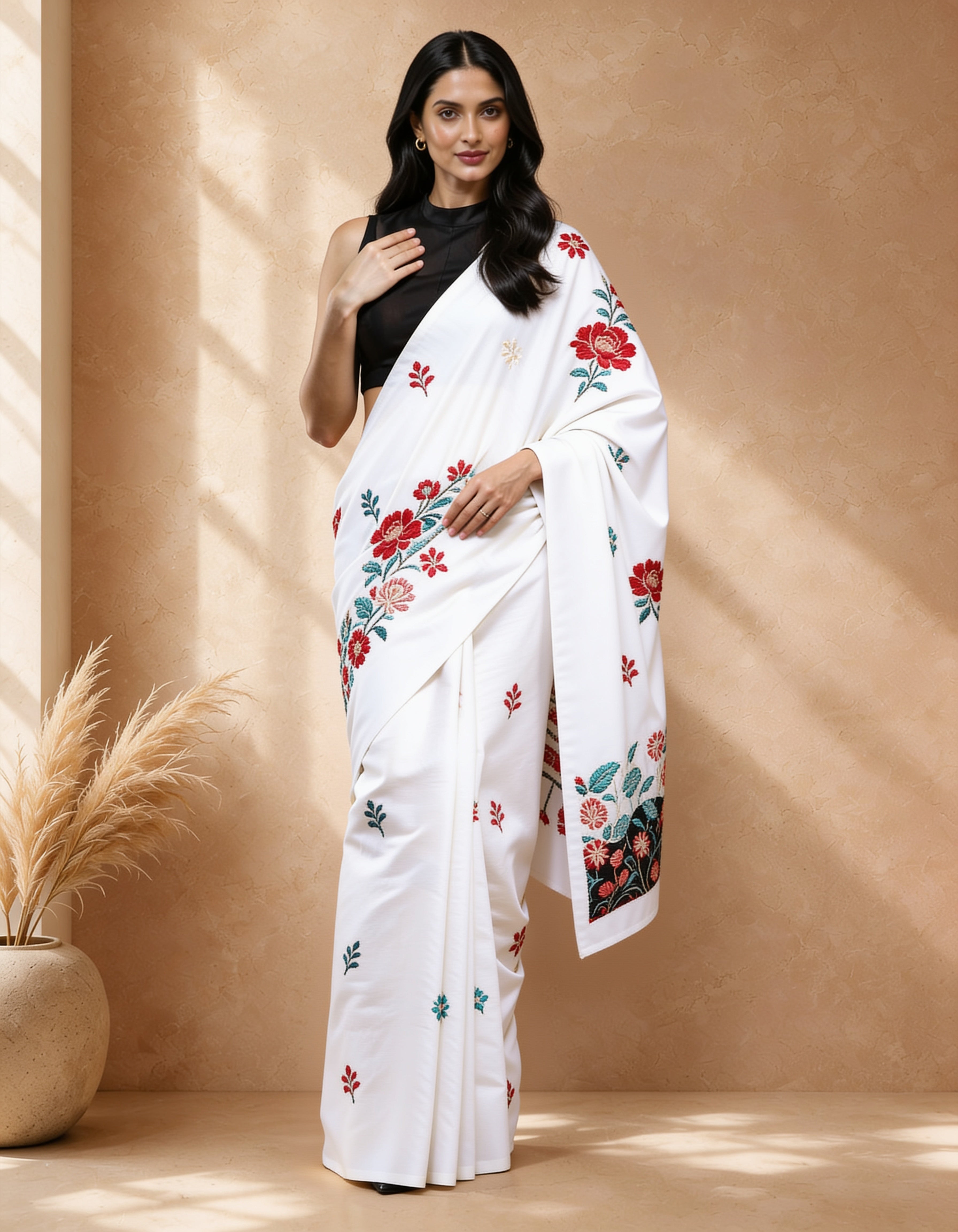 Cream Colored Cotton Blend Woven Deisgn Saree with Embroidered