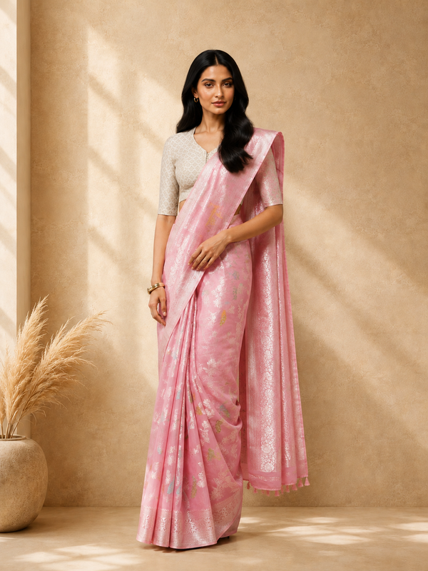 Pink Cotton Blend Floral Woven Design Saree with Gold Zari Border