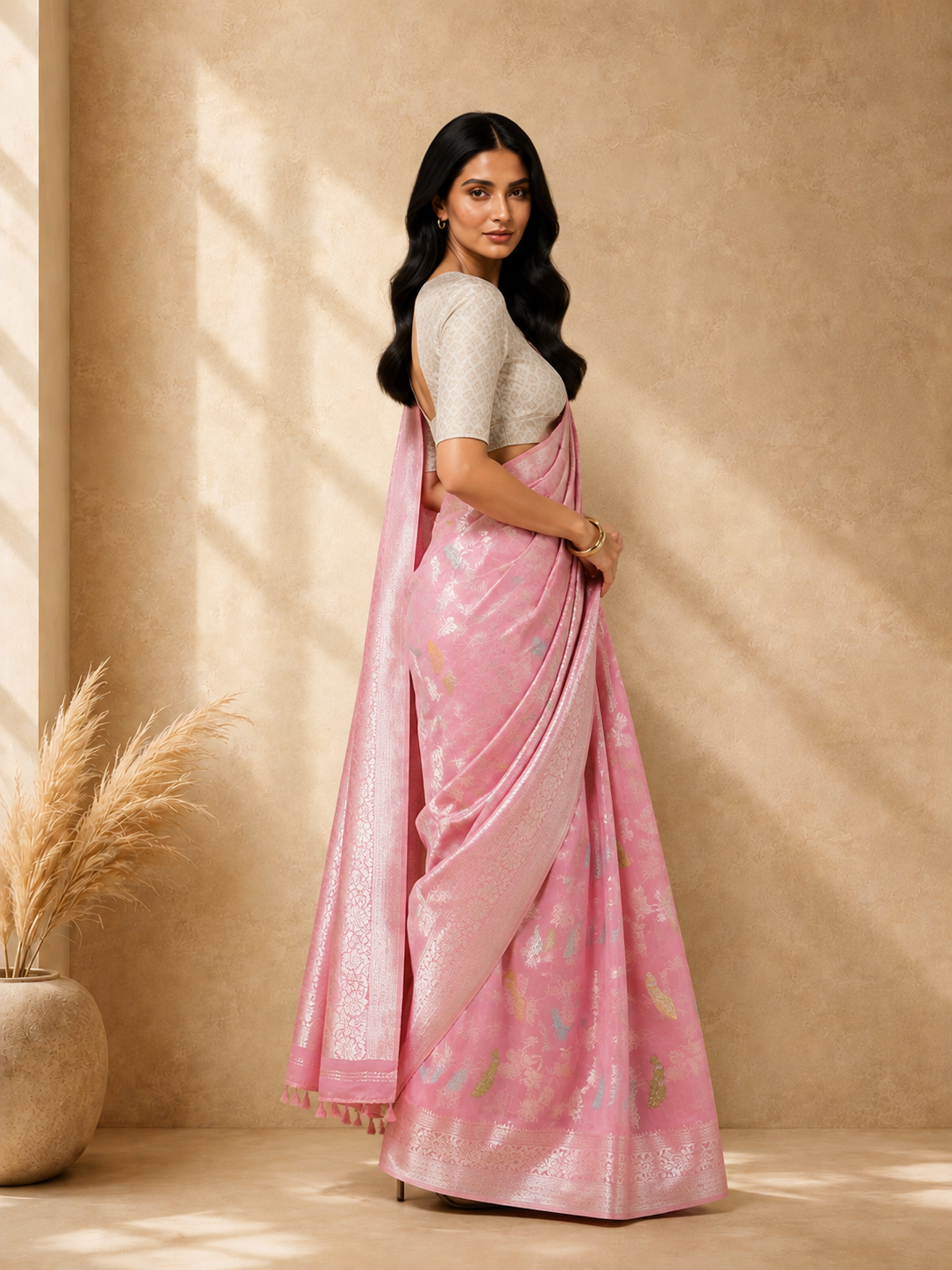 Pink Cotton Blend Floral Woven Design Saree with Gold Zari Border