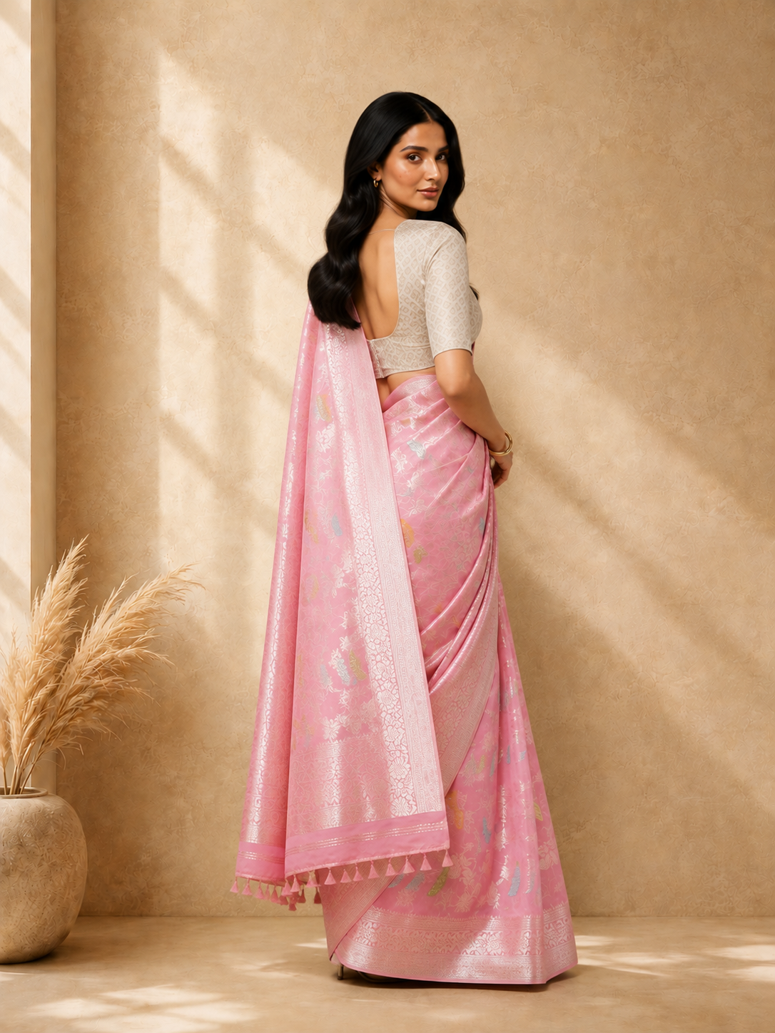 Pink Cotton Blend Floral Woven Design Saree with Gold Zari Border