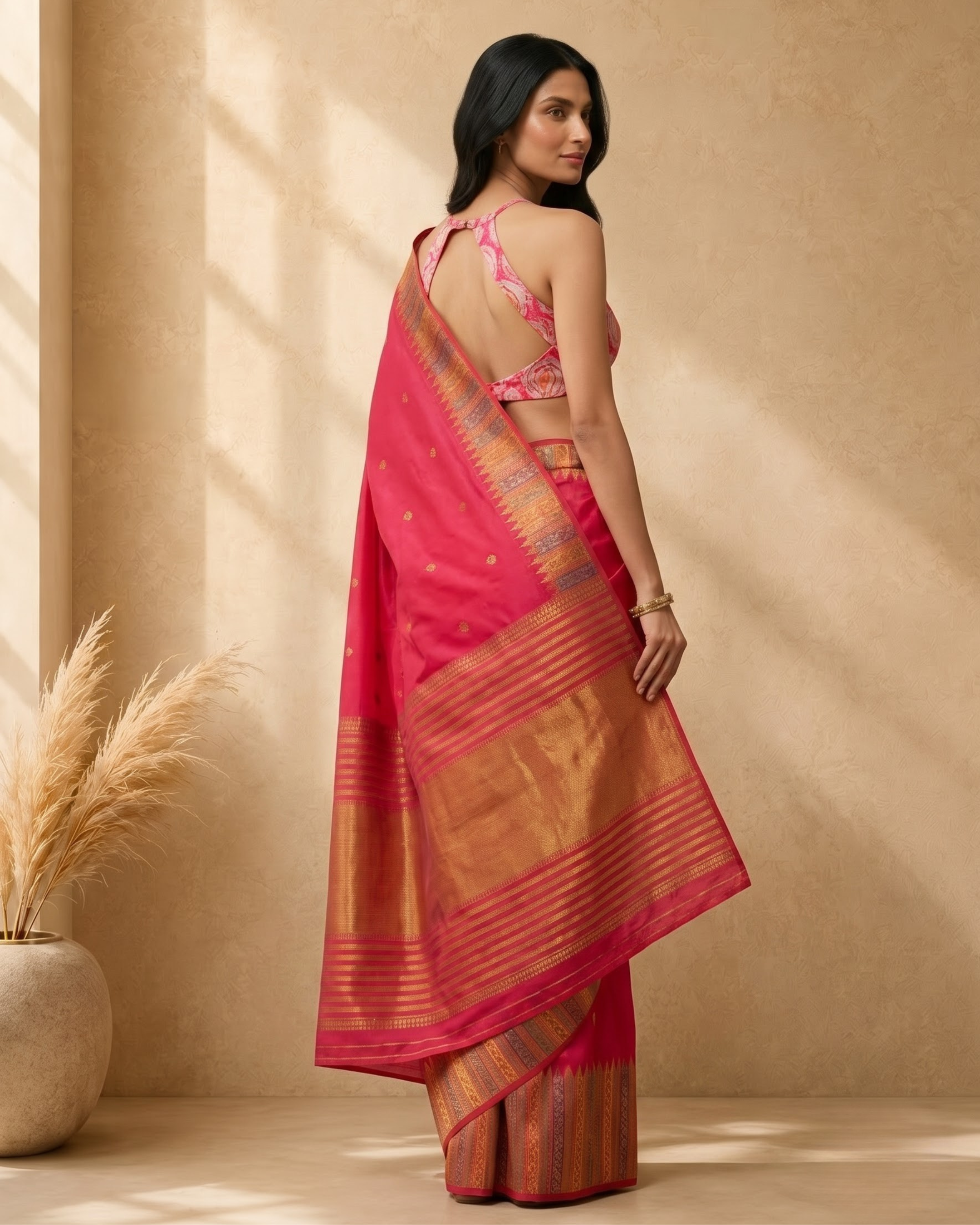 Pink & Gold Art Silk Woven Deisgn Saree with Gold Zari Border