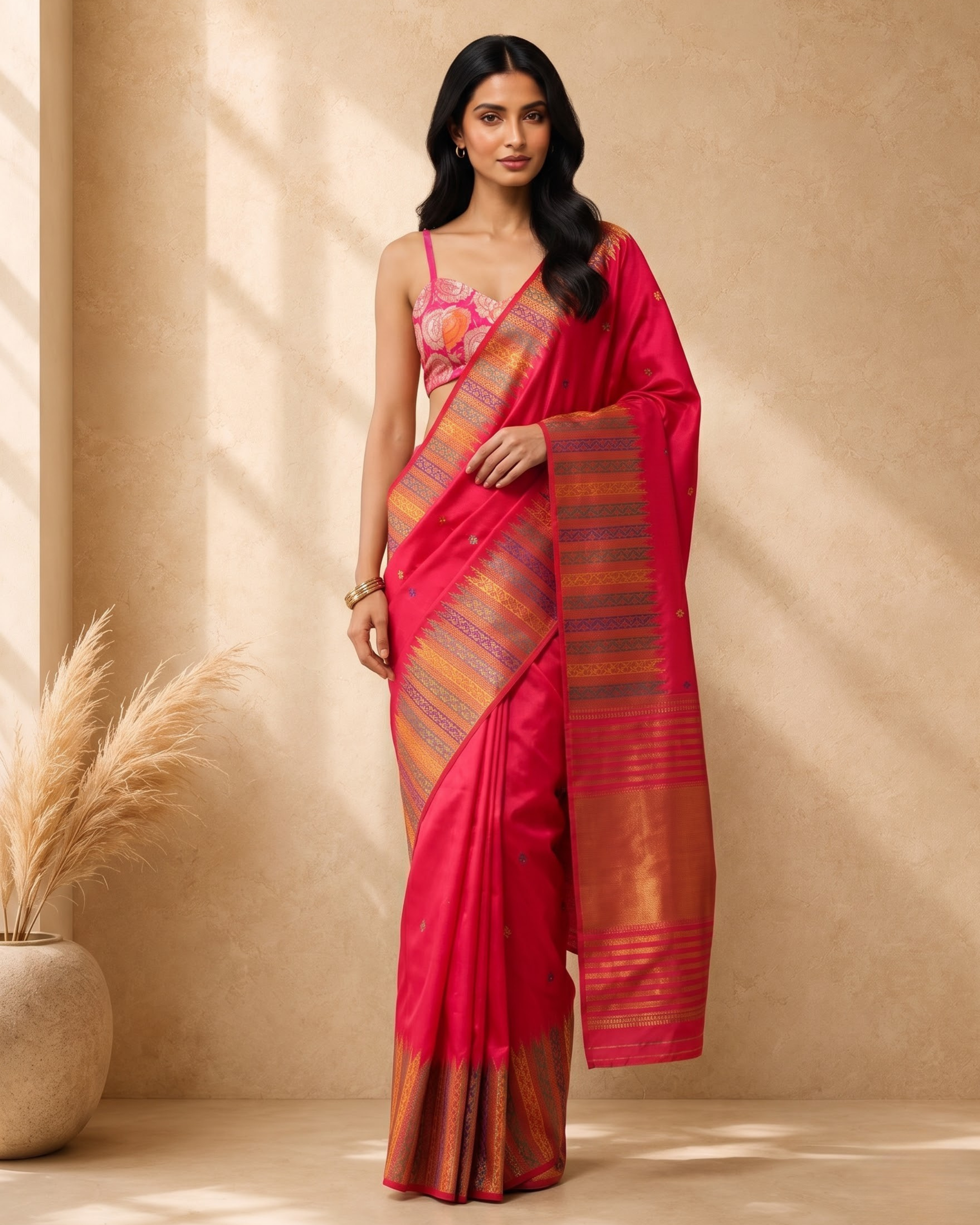 Pink & Gold Art Silk Woven Deisgn Saree with Gold Zari Border