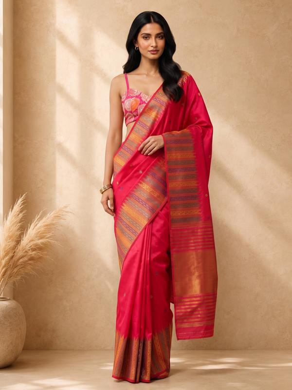 Pink & Gold Art Silk Woven Deisgn Saree with Gold Zari Border