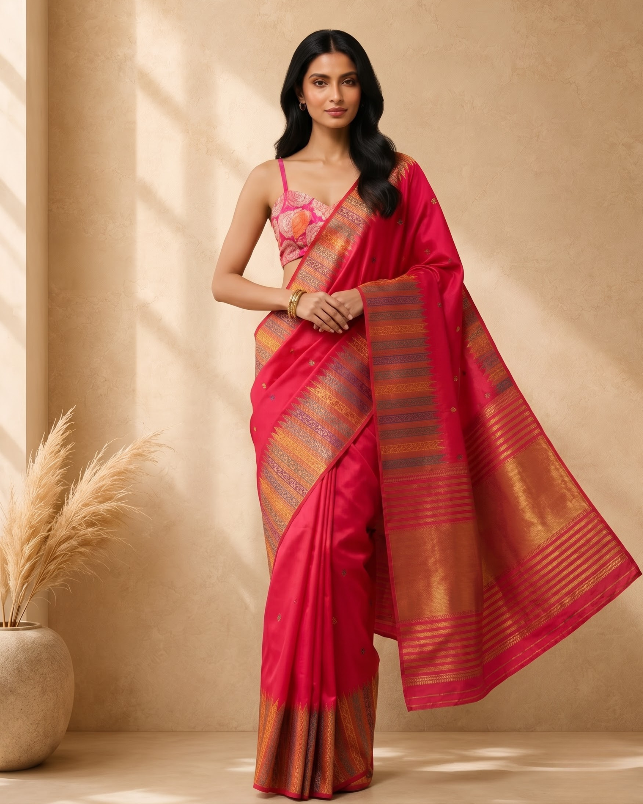 Pink & Gold Art Silk Woven Deisgn Saree with Gold Zari Border