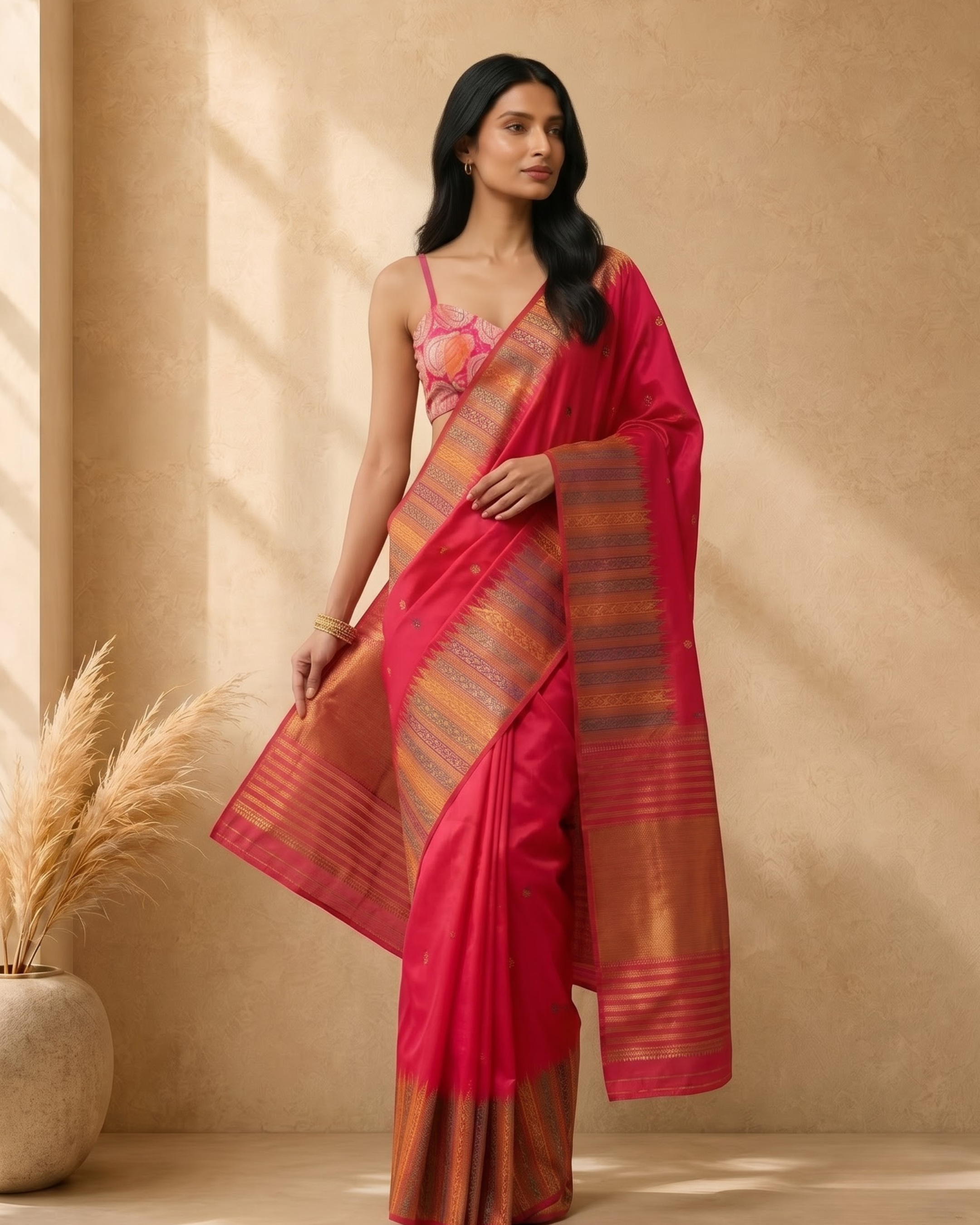 Pink & Gold Art Silk Woven Deisgn Saree with Gold Zari Border