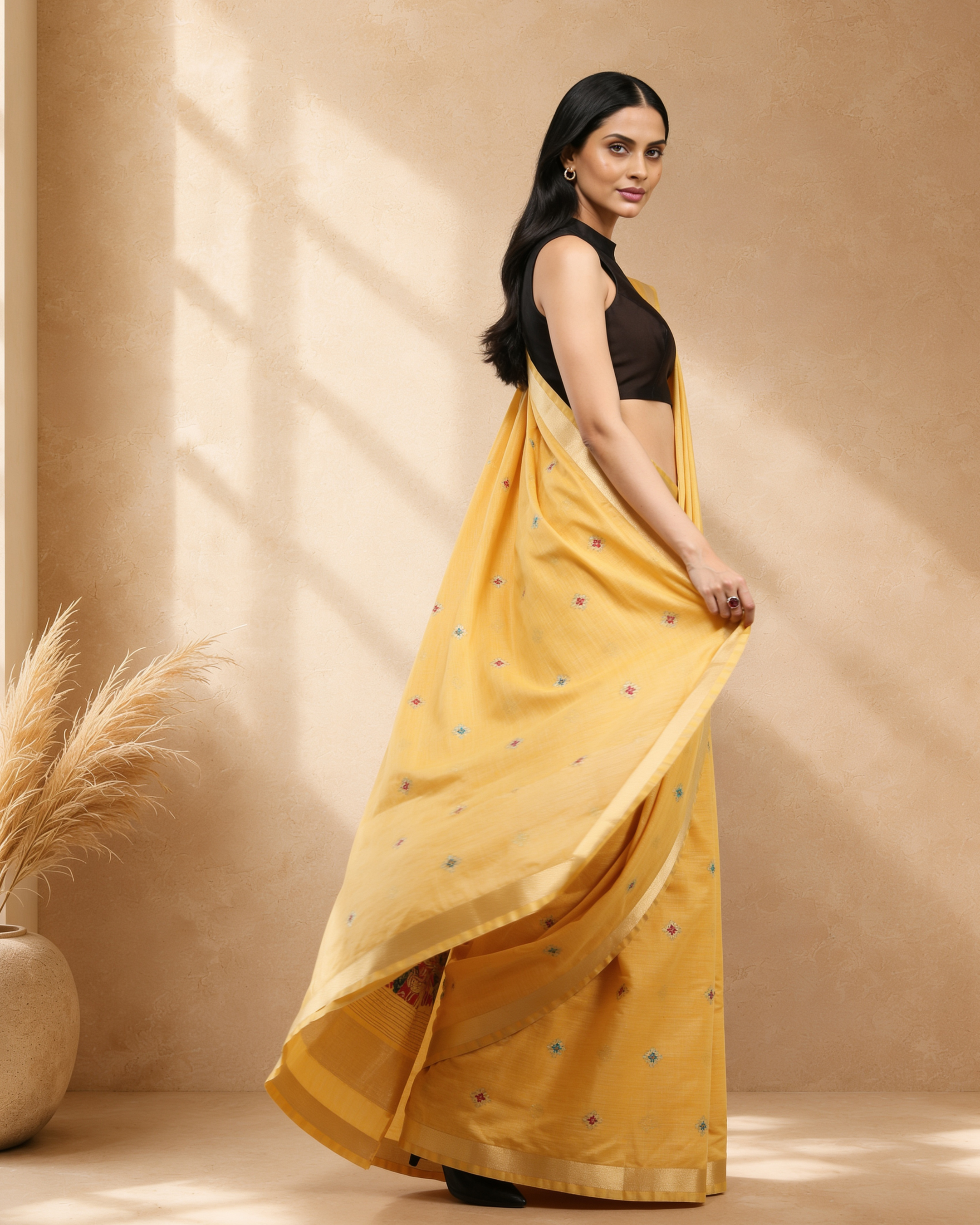 Yellow Cotton Blend Ethnic Woven Design Saree with Gold Zari Border