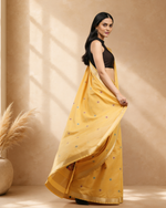 Yellow Cotton Blend Ethnic Woven Design Saree with Gold Zari Border