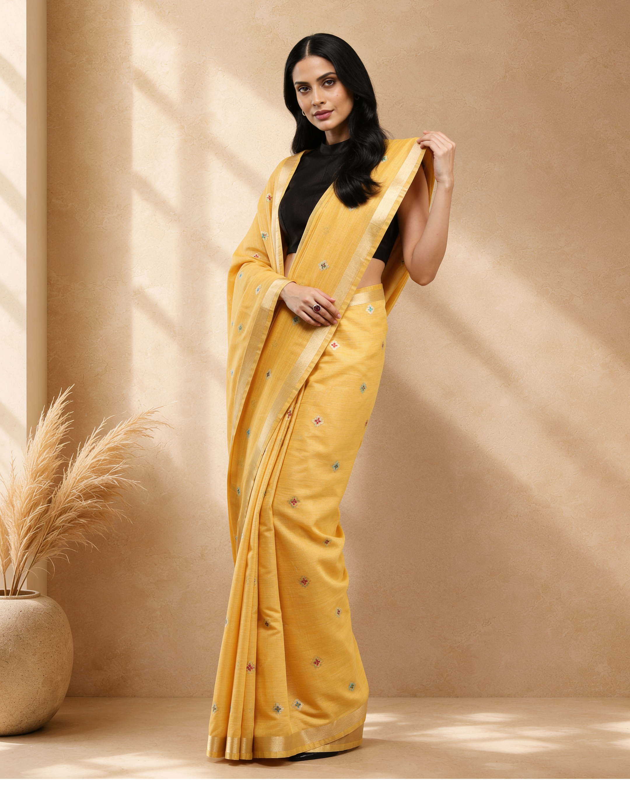 Yellow Cotton Blend Ethnic Woven Design Saree with Gold Zari Border
