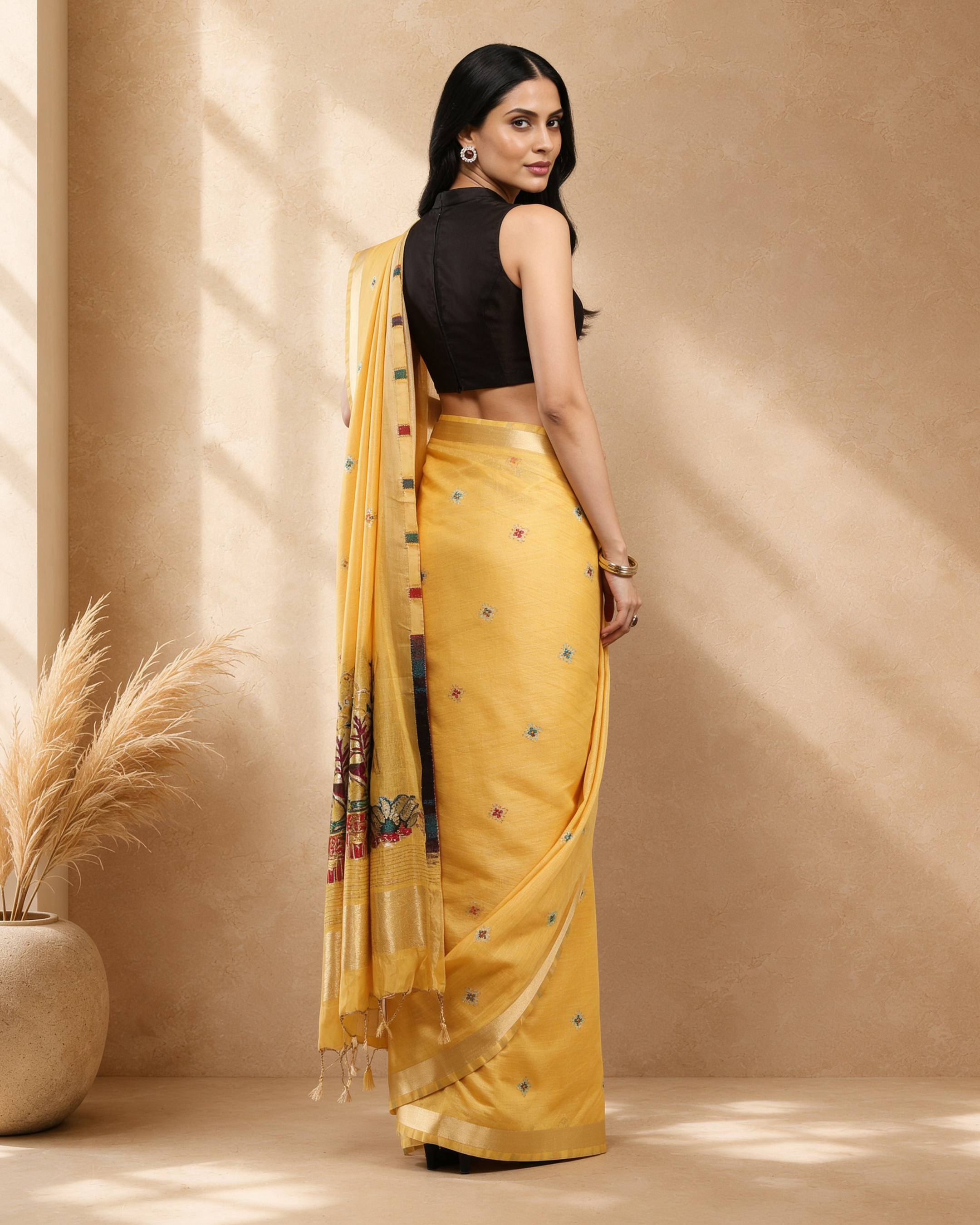 Yellow Cotton Blend Ethnic Woven Design Saree with Gold Zari Border