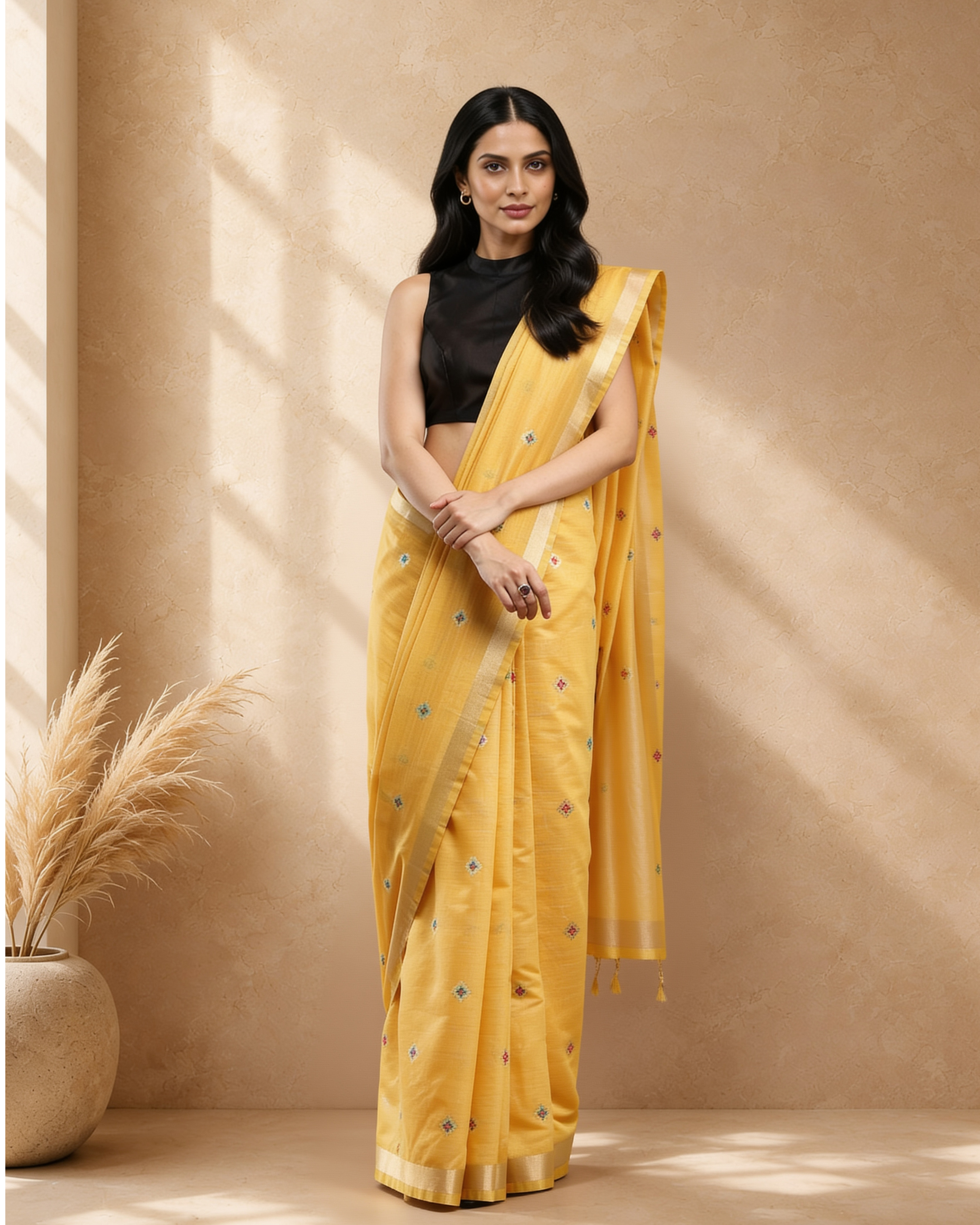 Yellow Cotton Blend Ethnic Woven Design Saree with Gold Zari Border