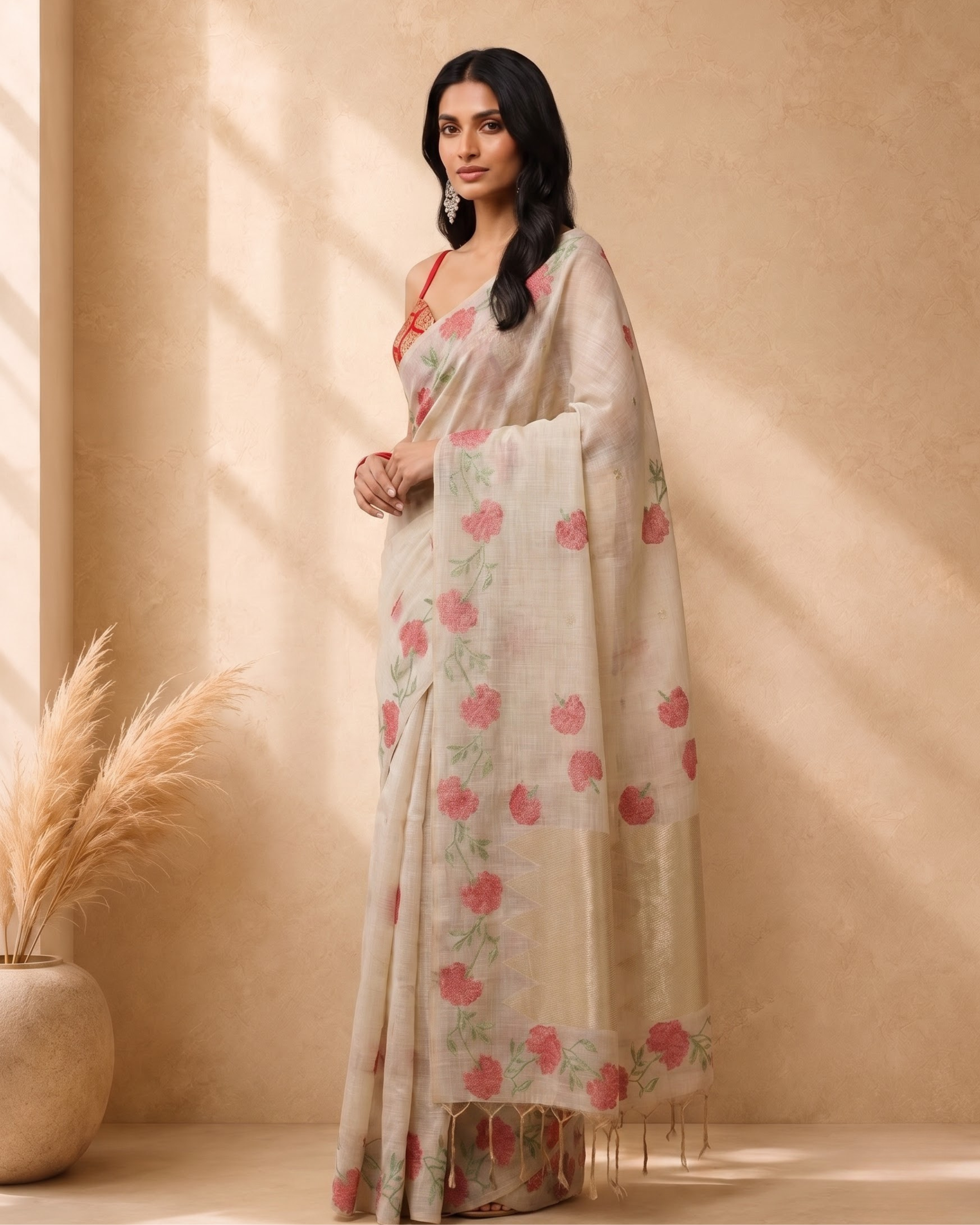 Beige Pure Cotton Floral Woven Design Saree with Embroidery