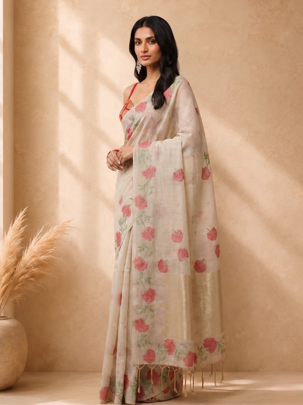 Beige Pure Cotton Floral Woven Design Saree with Embroidery
