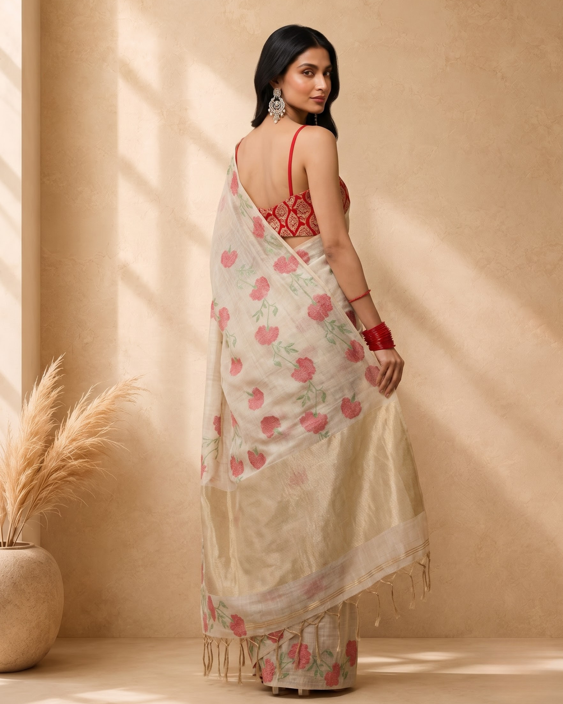 Beige Pure Cotton Floral Woven Design Saree with Embroidery