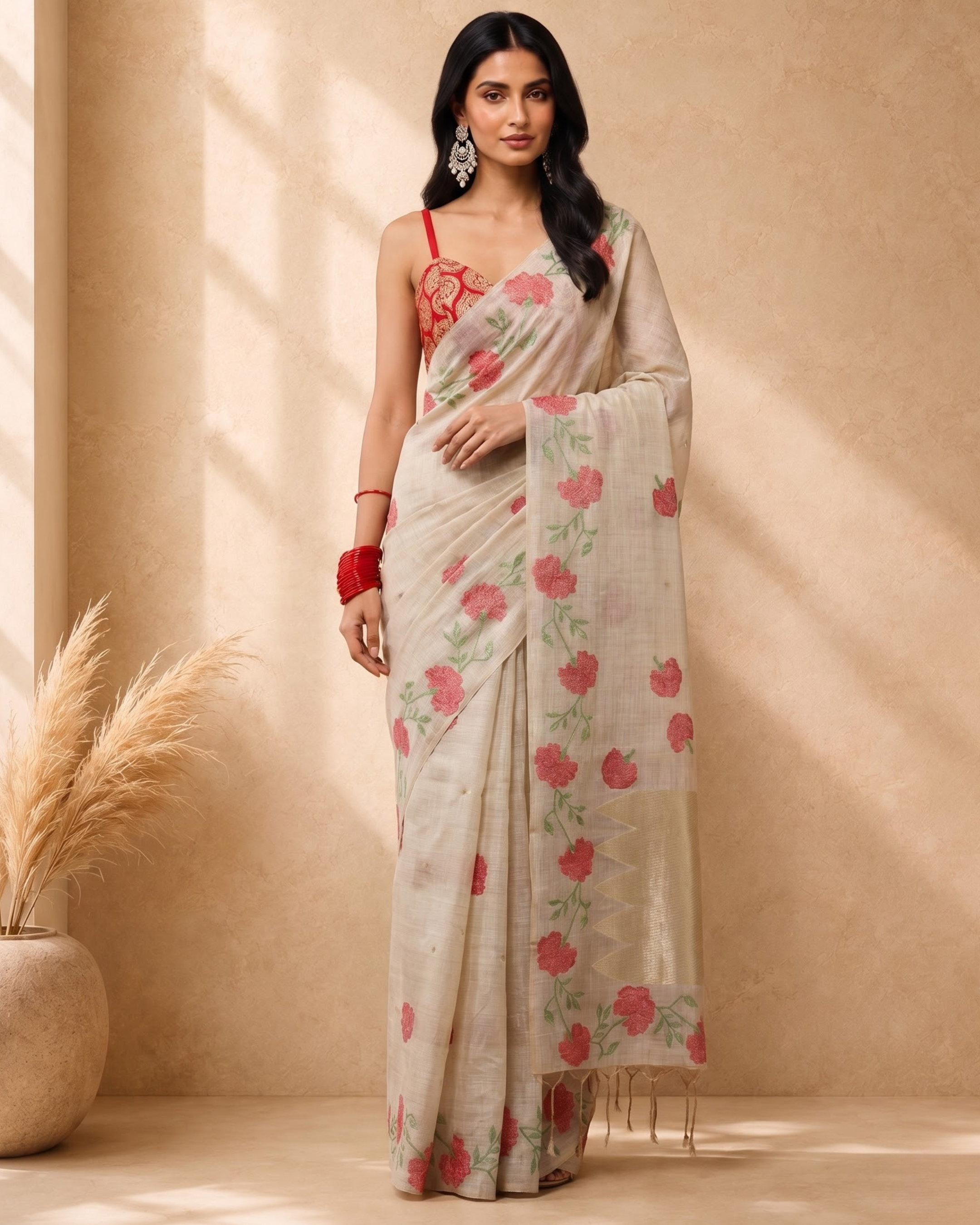 Beige Pure Cotton Floral Woven Design Saree with Embroidery