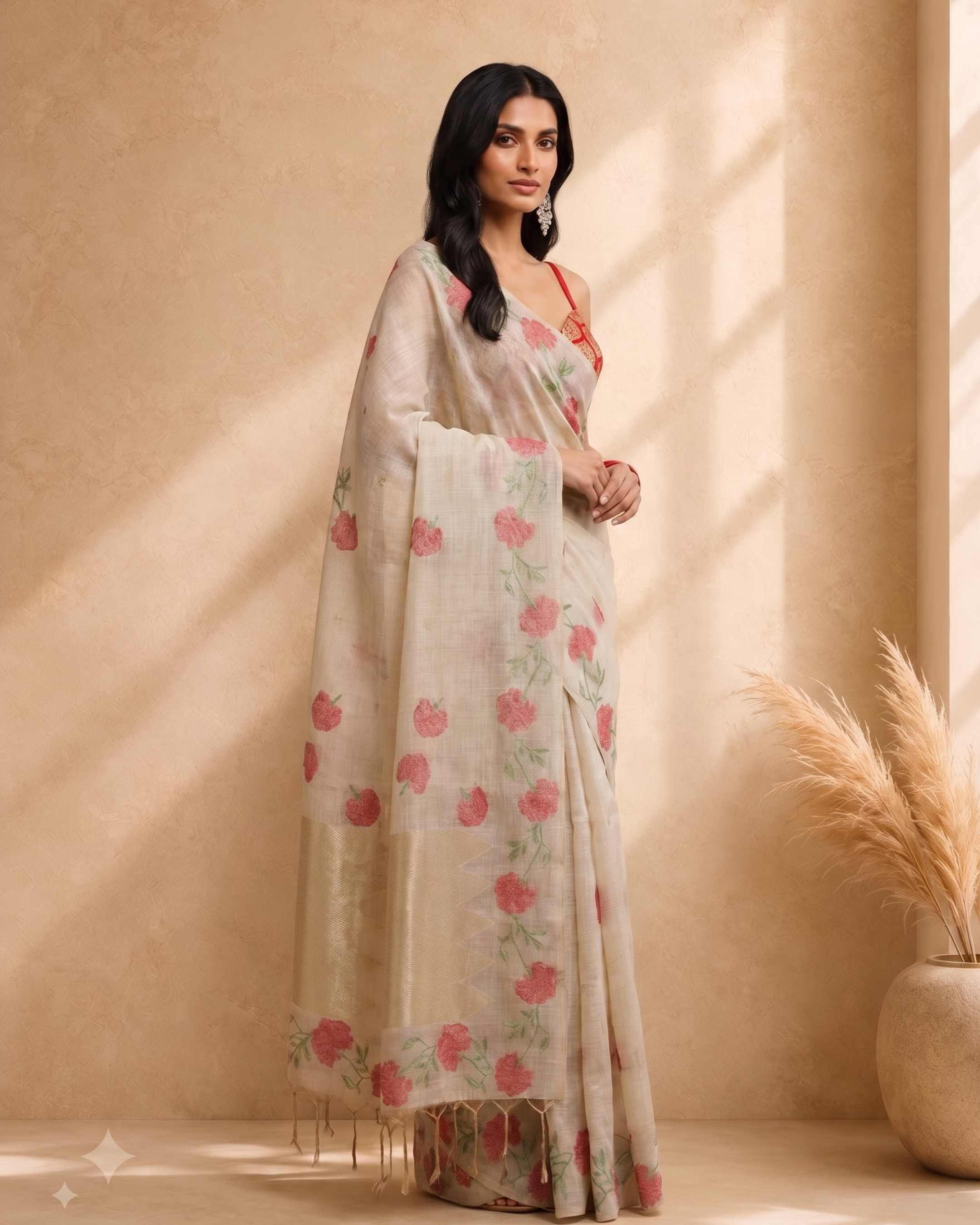 Beige Pure Cotton Floral Woven Design Saree with Embroidery