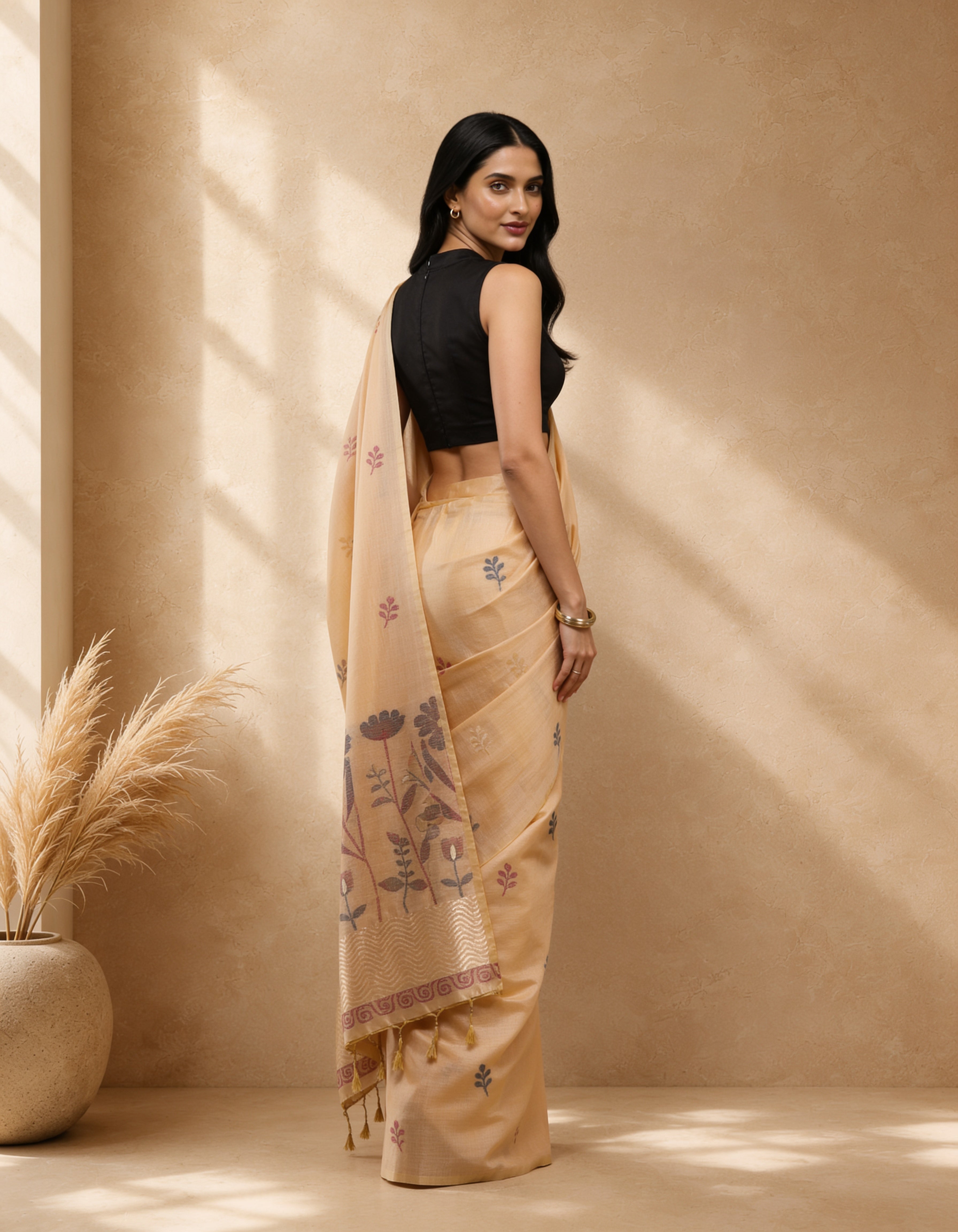 Peach Cotton Blend Floral Woven Design Saree with Woven Design