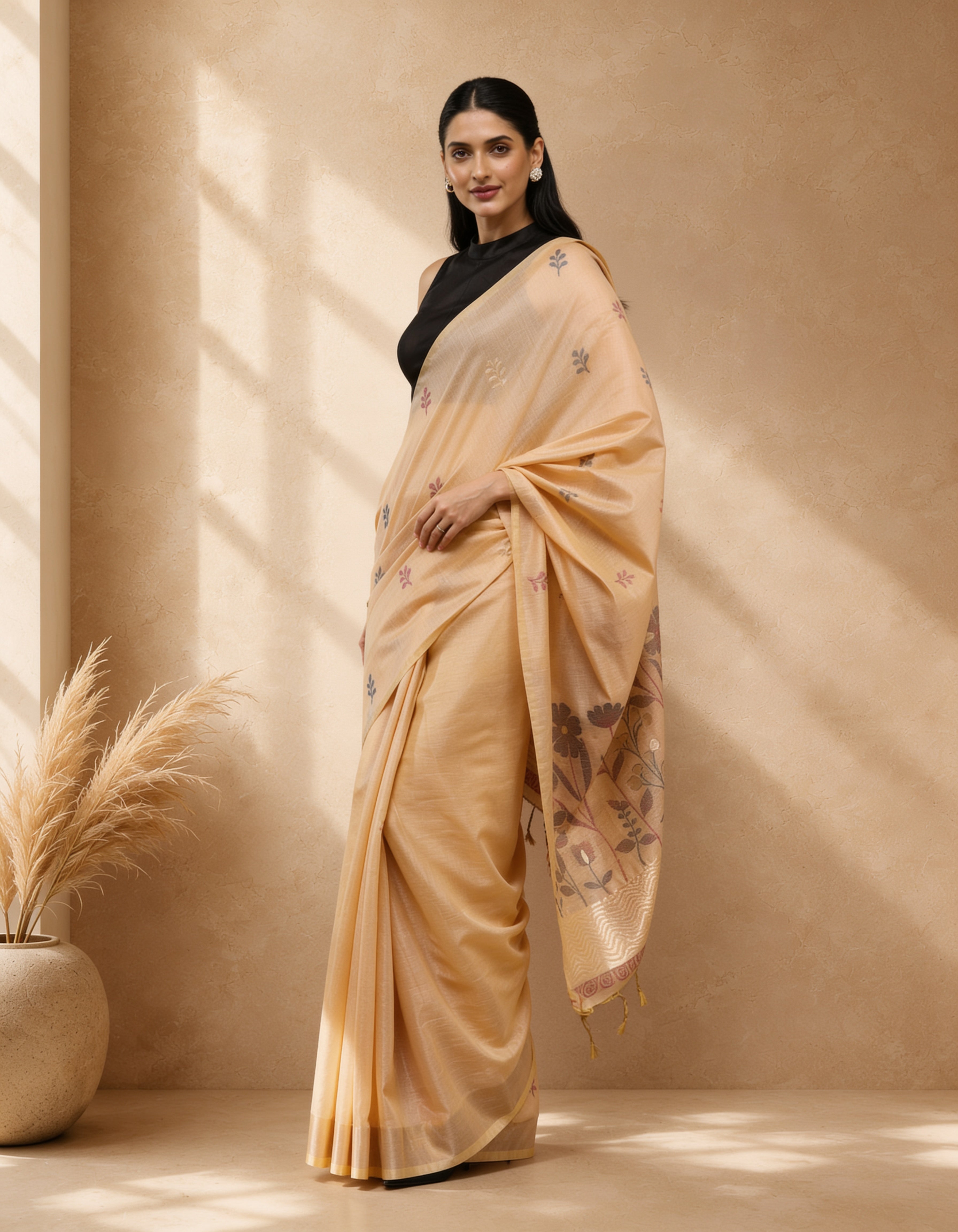 Peach Cotton Blend Floral Woven Design Saree with Woven Design