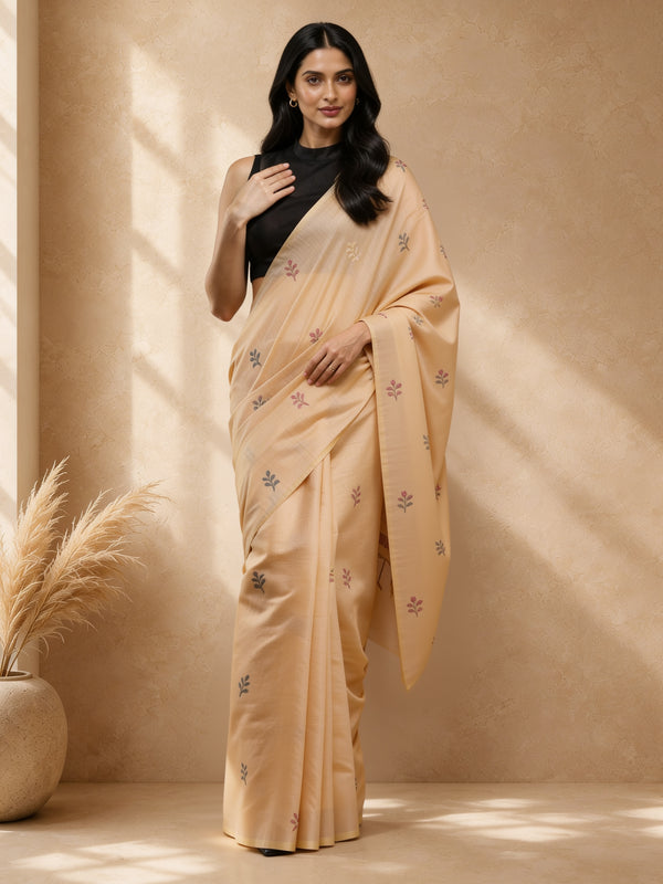 Peach Cotton Blend Floral Woven Design Saree with Woven Design