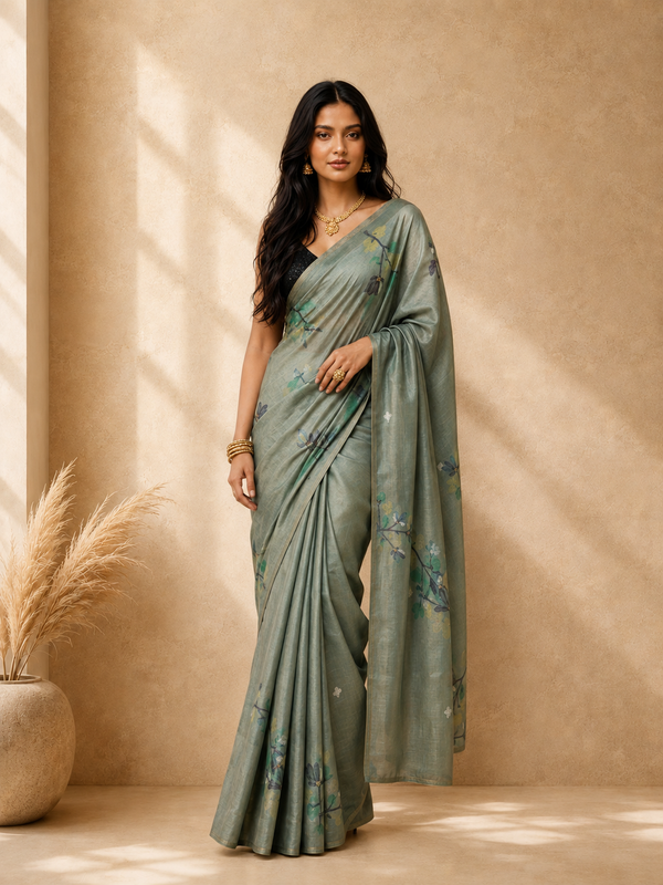 Sea Green Cotton Blend Floral Printed Design Saree with Woven Design