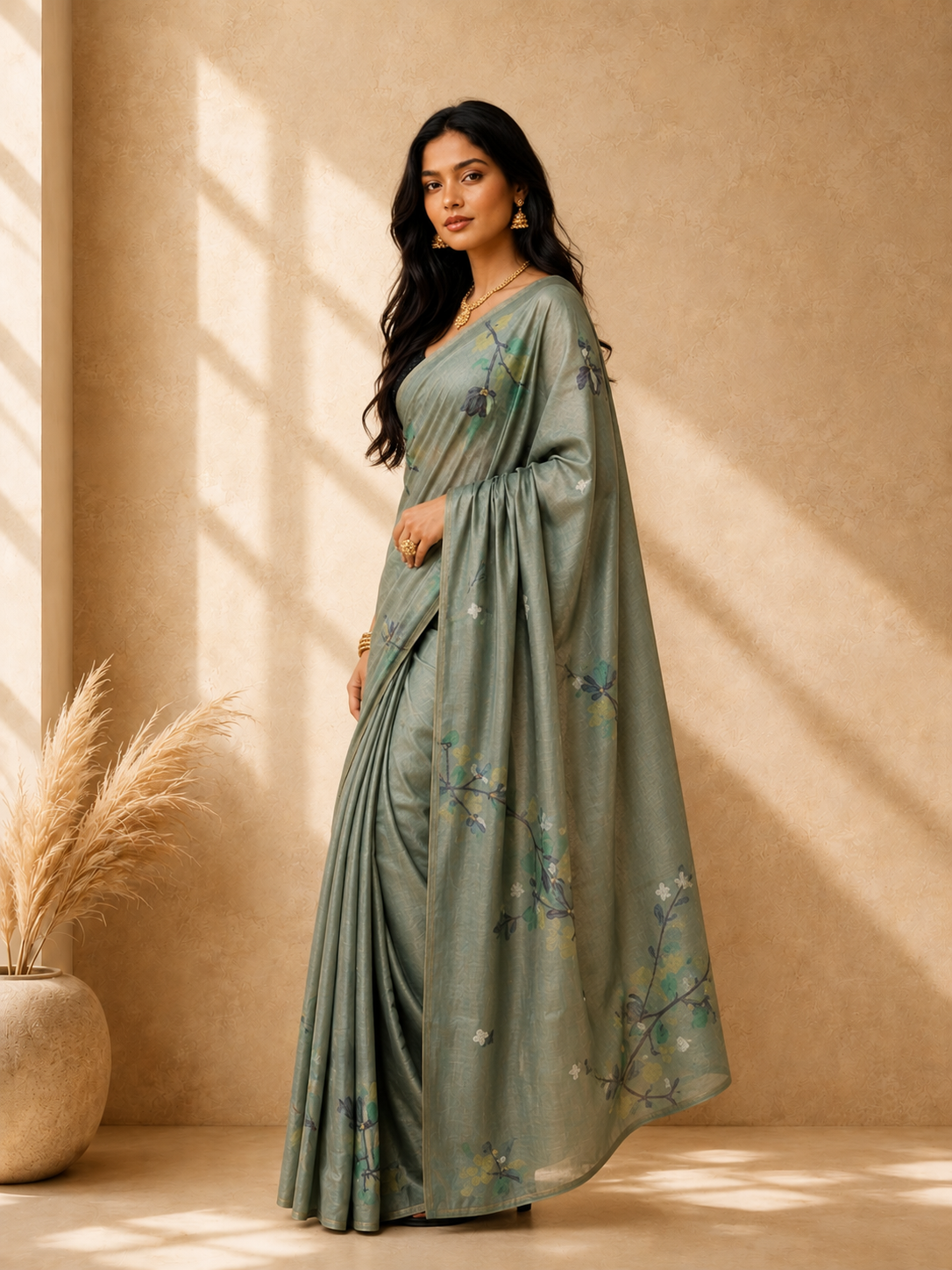 Sea Green Cotton Blend Floral Printed Design Saree with Woven Design