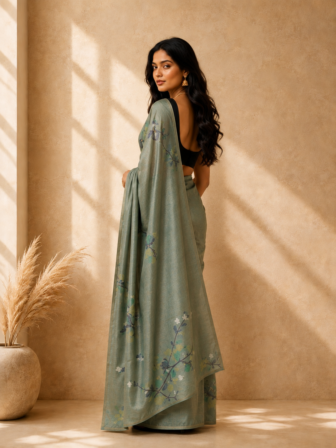 Sea Green Cotton Blend Floral Printed Design Saree with Woven Design