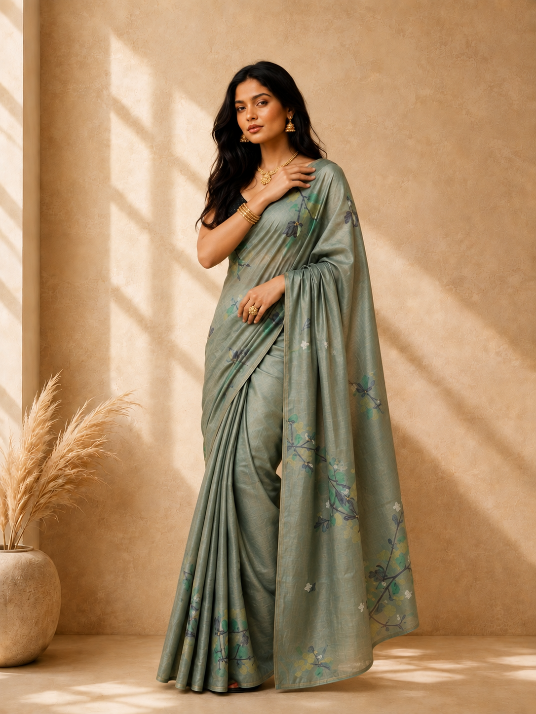 Sea Green Cotton Blend Floral Printed Design Saree with Woven Design