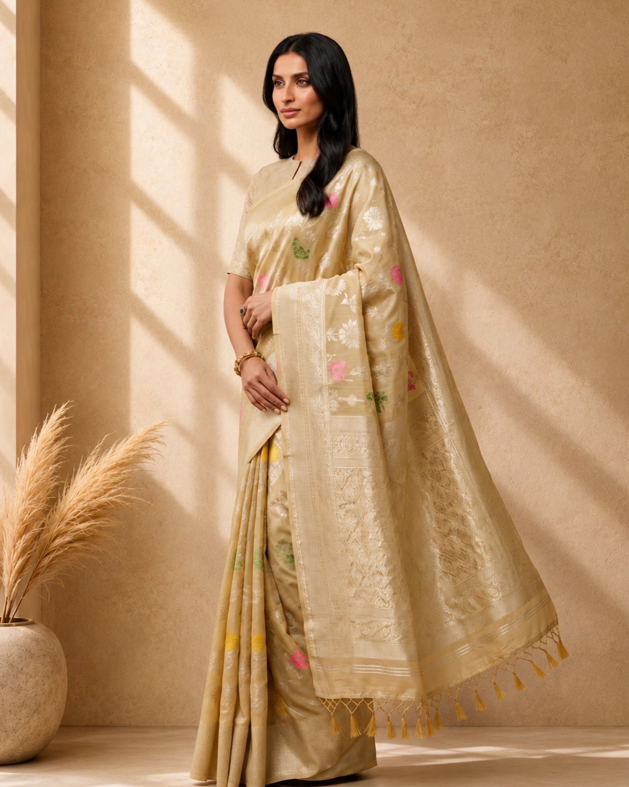 Beige Cotton Blend Floral Woven Design Saree with Gold Zari Border