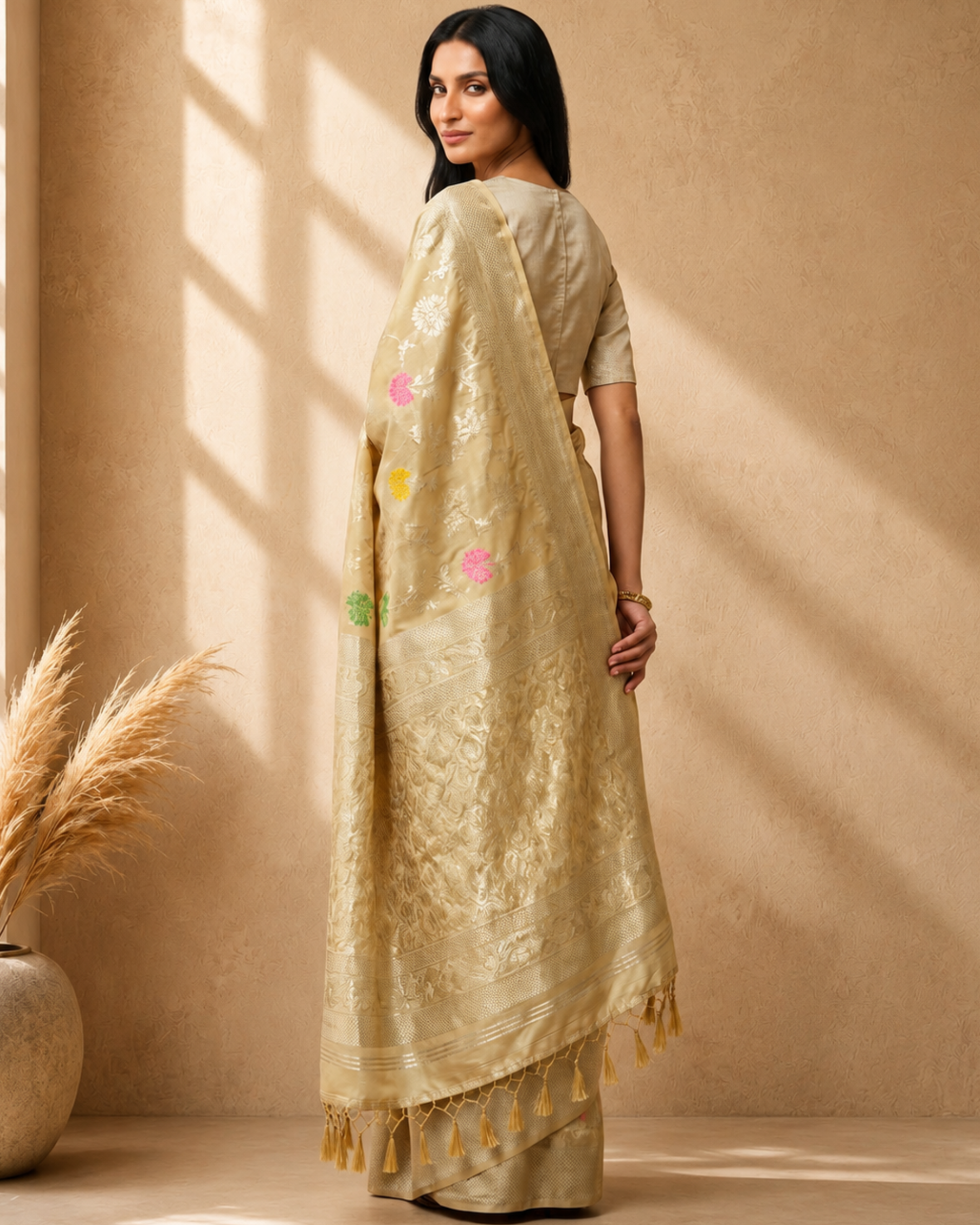 Beige Cotton Blend Floral Woven Design Saree with Gold Zari Border