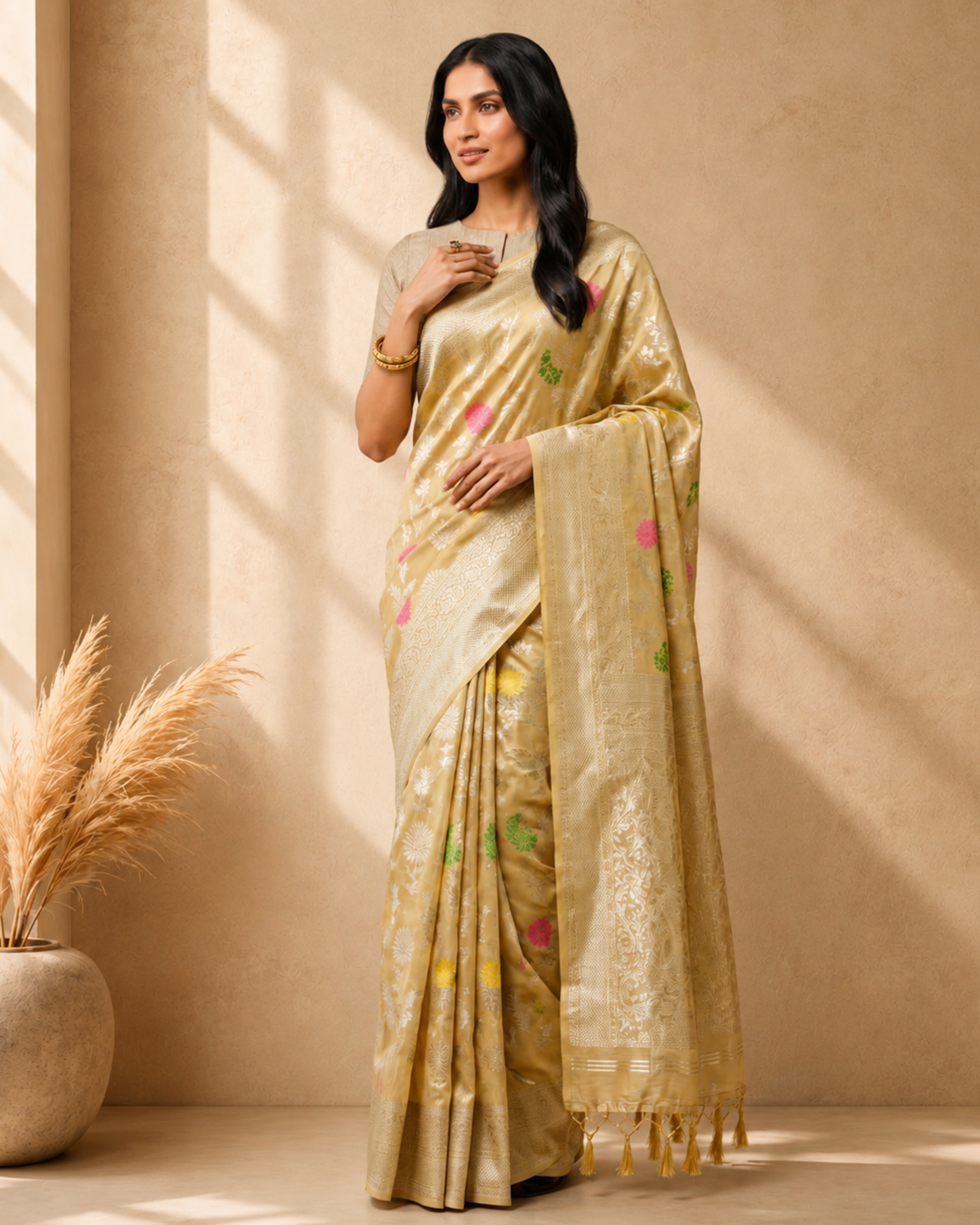 Beige Cotton Blend Floral Woven Design Saree with Gold Zari Border