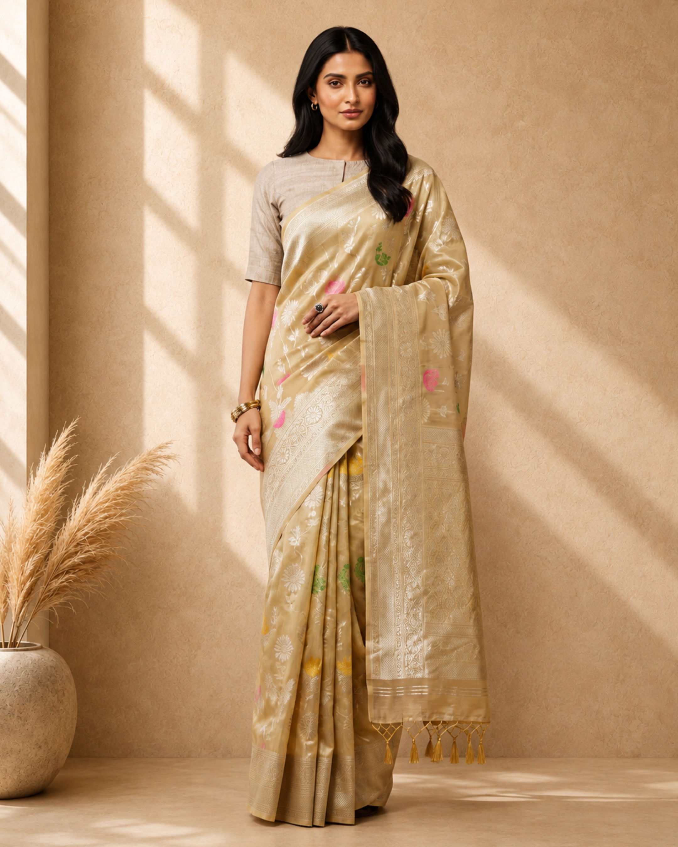 Beige Cotton Blend Floral Woven Design Saree with Gold Zari Border
